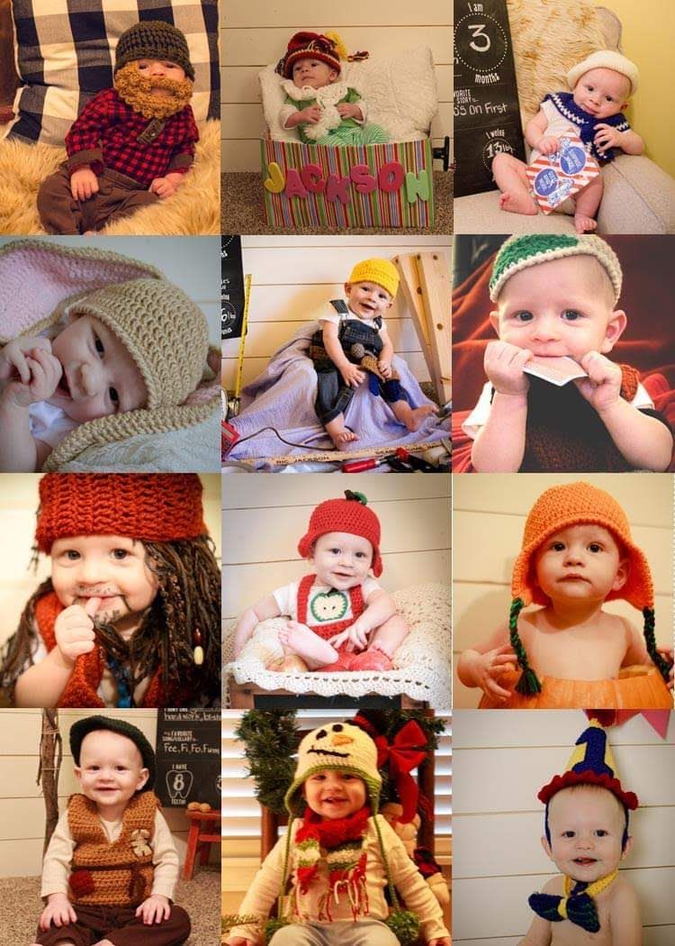 Collection of baby photos showing an infant wearing various knit animal hats throughout their first year.