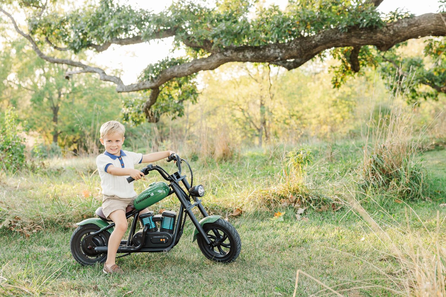 A series of outdoor photos showing a custom mini motorcycle parked in a grassy field during golden hour lighting.