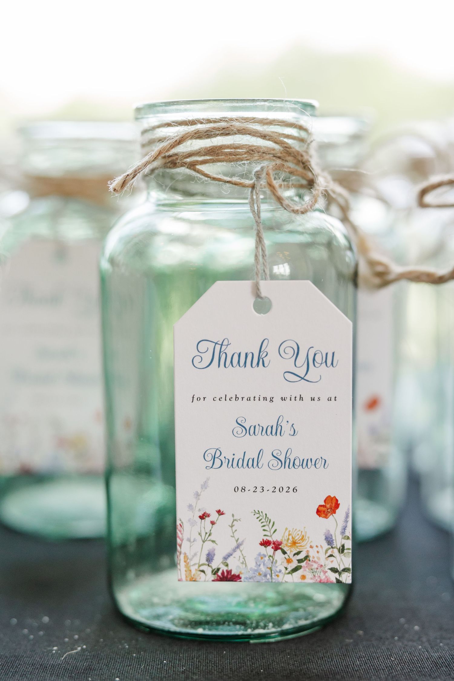 Mason jar favor with thank you tag for Sarah's bridal shower guests