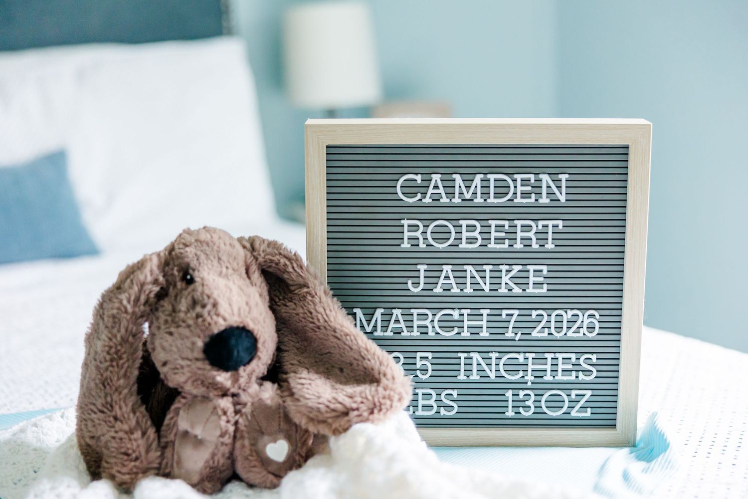 Baby name sign beside stuffed bunny during lifestyle newborn session in Crystal Lake, Illinois