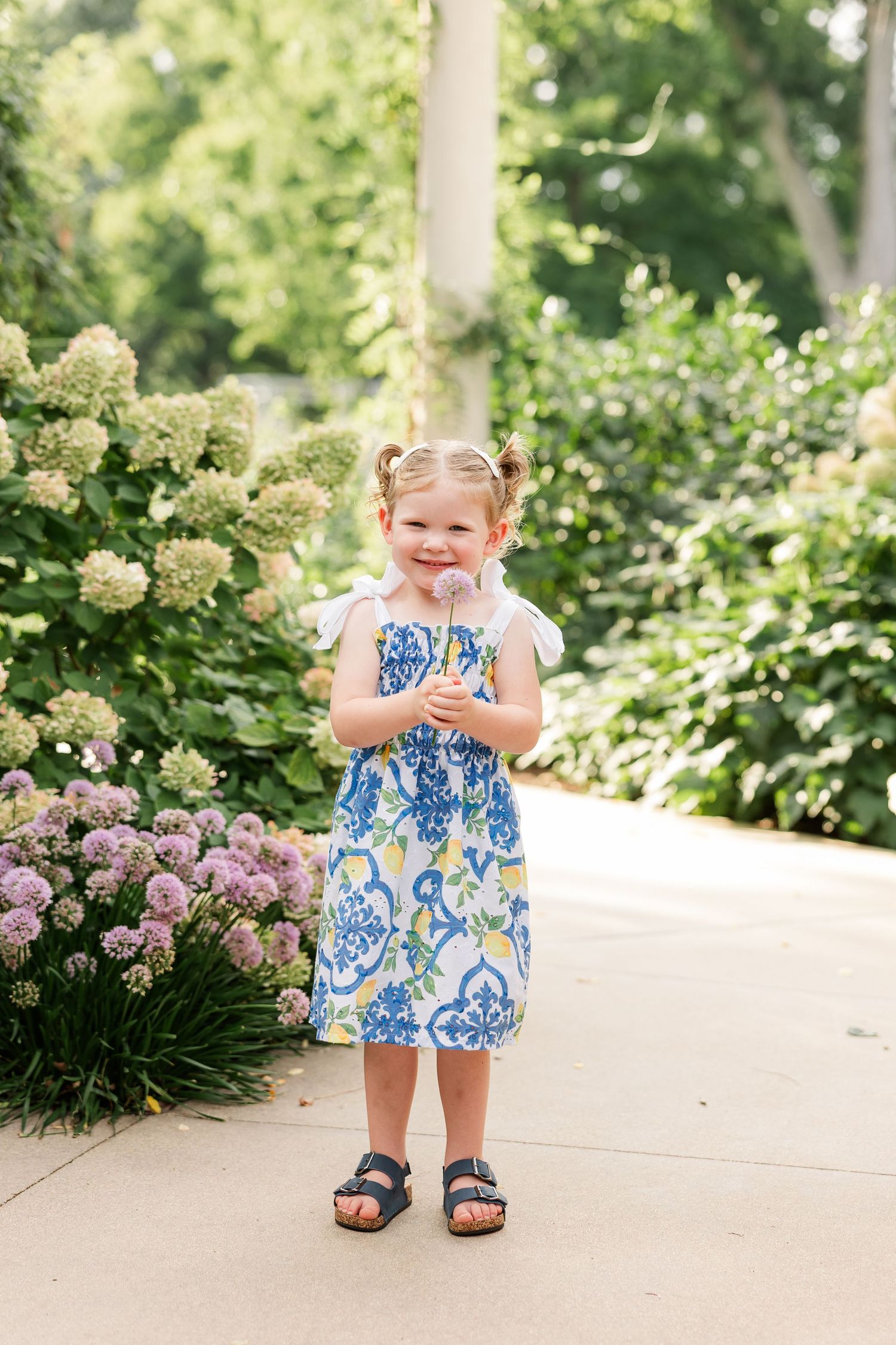 Smiling toddler girl in blue floral dress holding a dandelion in a lush garden with hydrangeas.