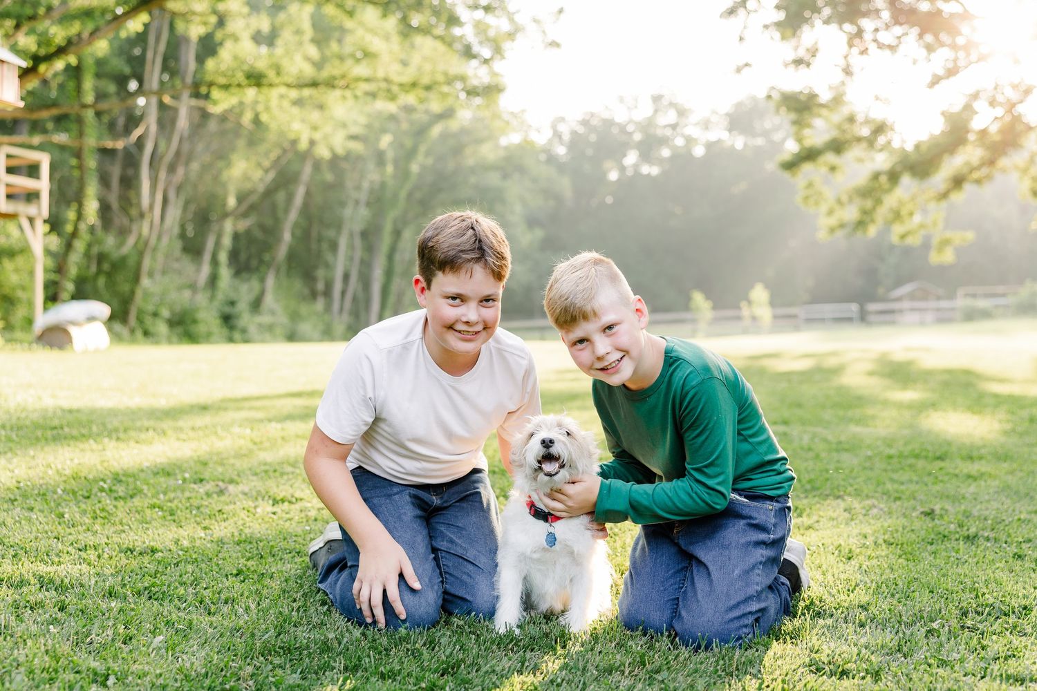 Two brothers with their family dog in Bull Valley, Illinois.