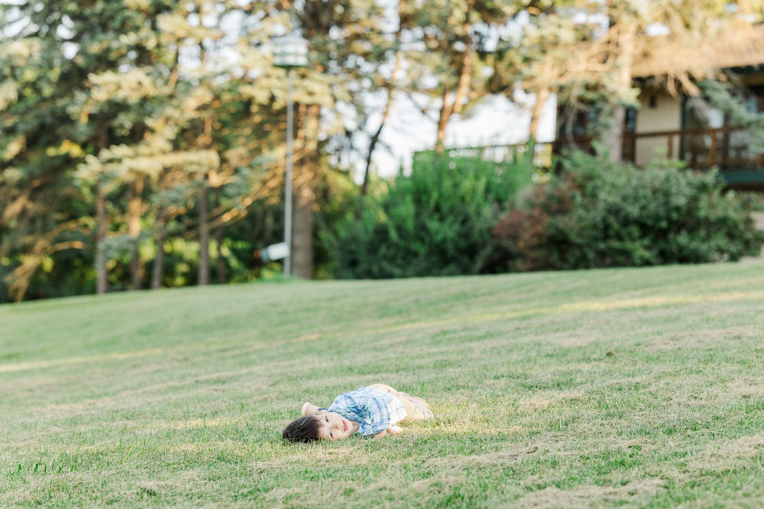 A grassy hillside slopes gently downward against a backdrop of trees and buildings in natural sunlight.Sorg family portraits at Shamrock Hil