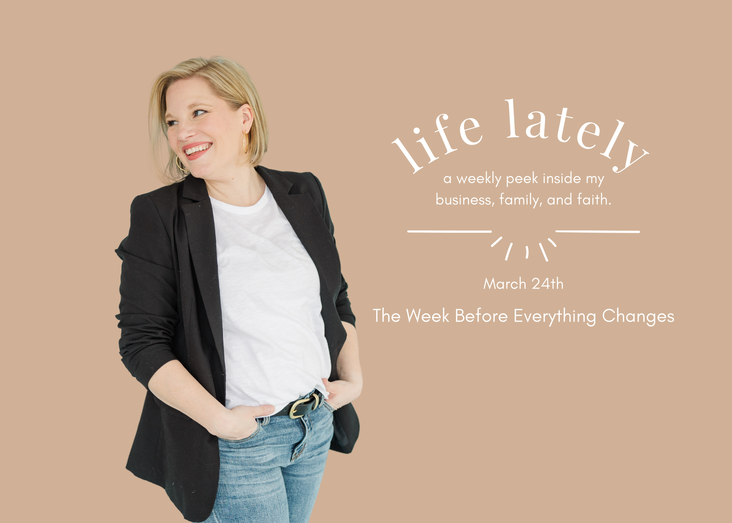 A relaxed casual business look featuring a black blazer with white top and jeans against a warm peach background.