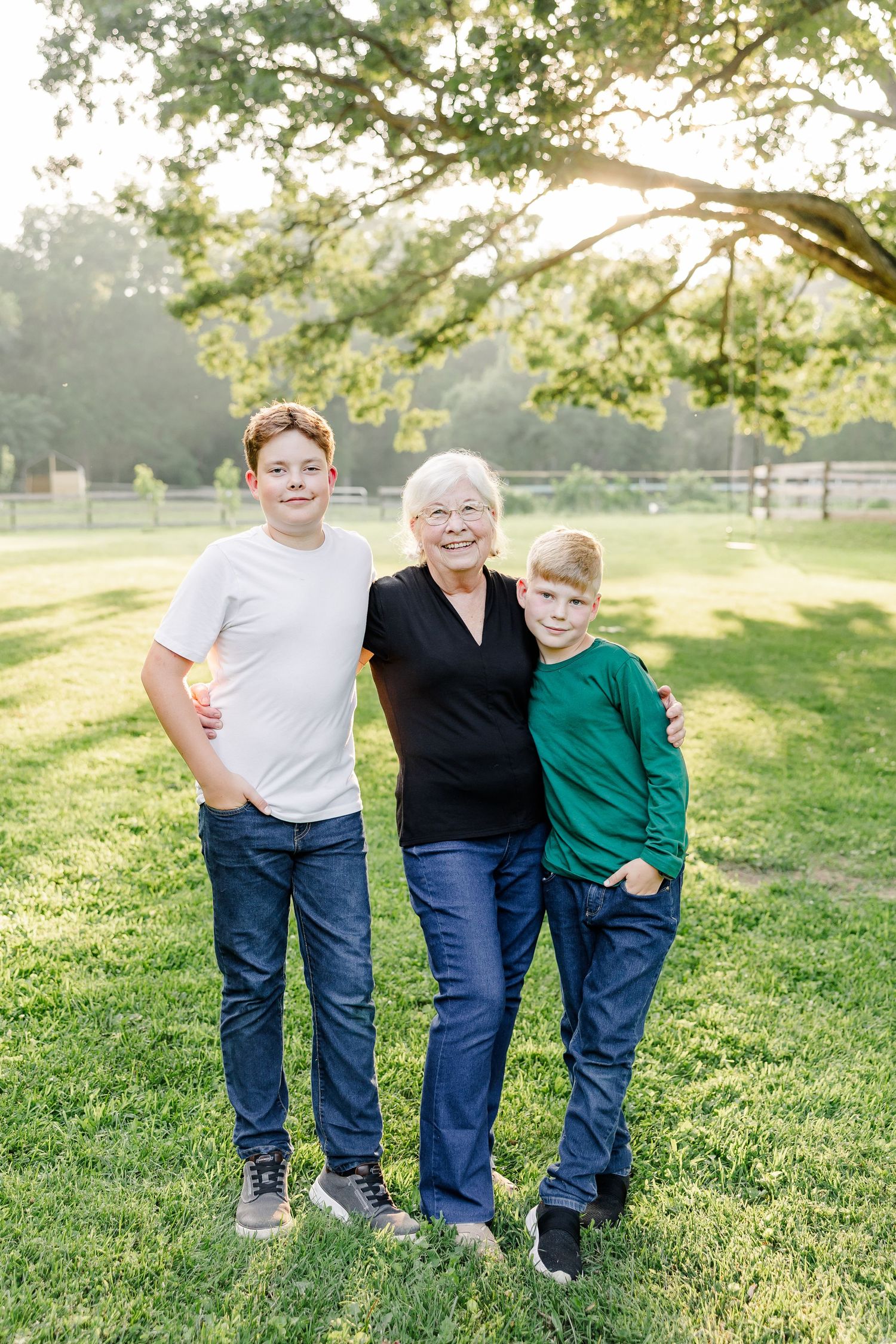 Grandmother with her grandsons during an extended family session in Bull Valley, Illinois.
