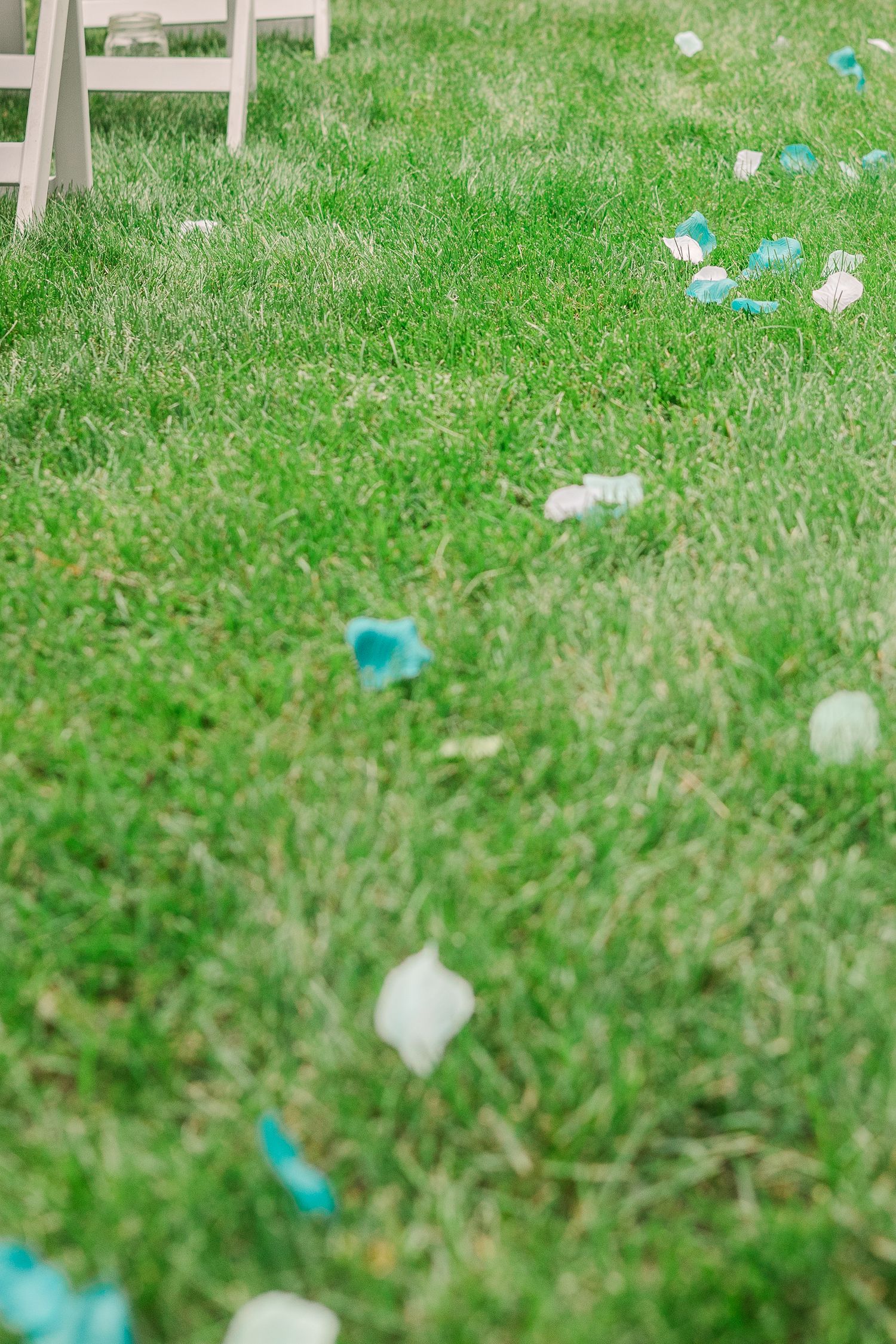 Scattered confetti on green grass at an outdoor wedding ceremony.