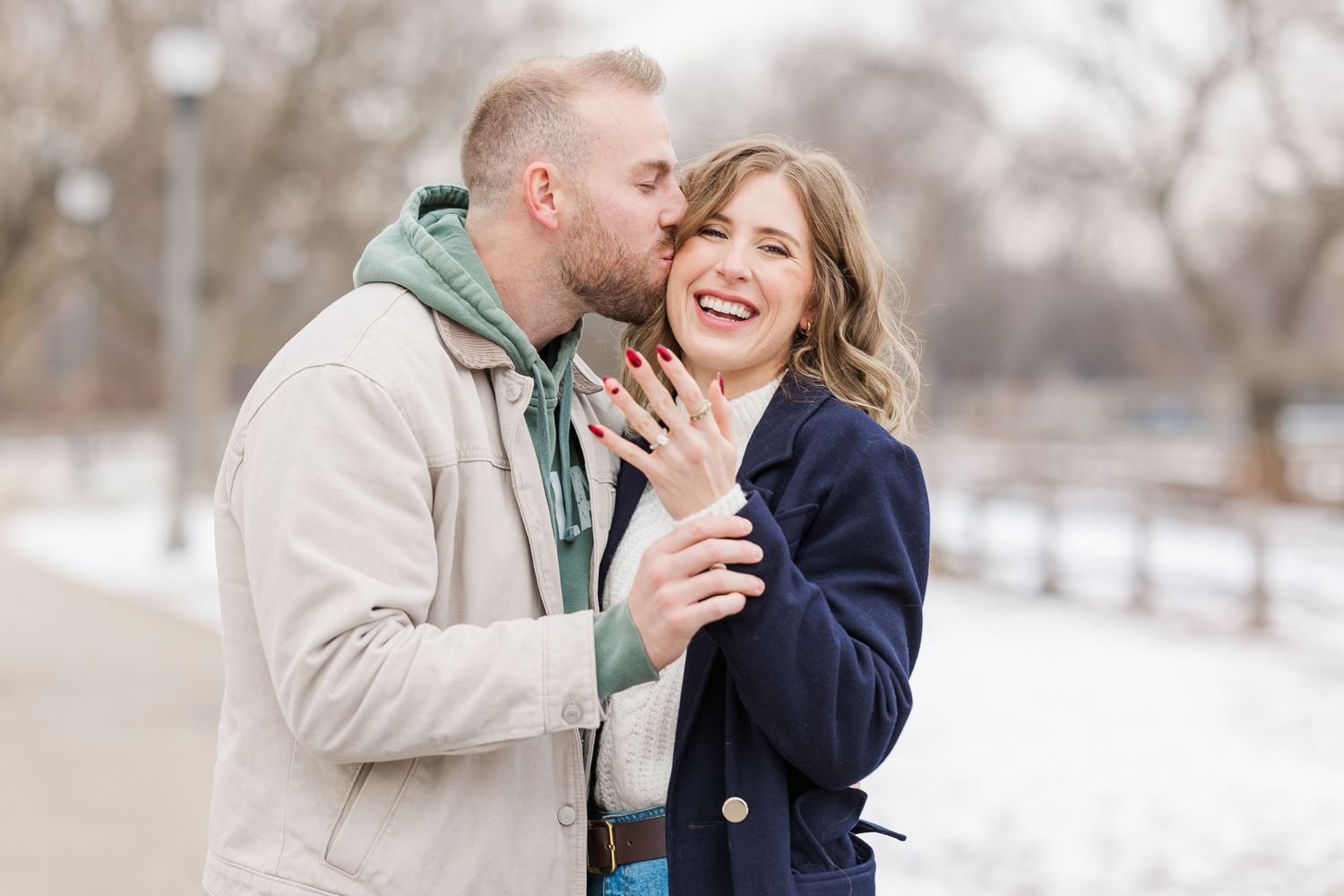 Engaged couple in Winnemac Park Chicago