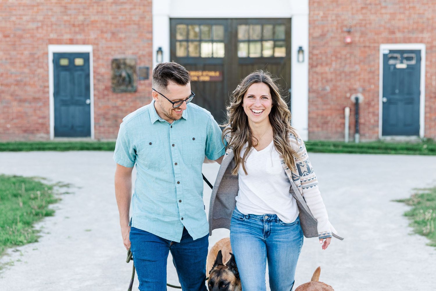 St. James Farm Preserve engagement portrait outside the historic barn in Warrenville