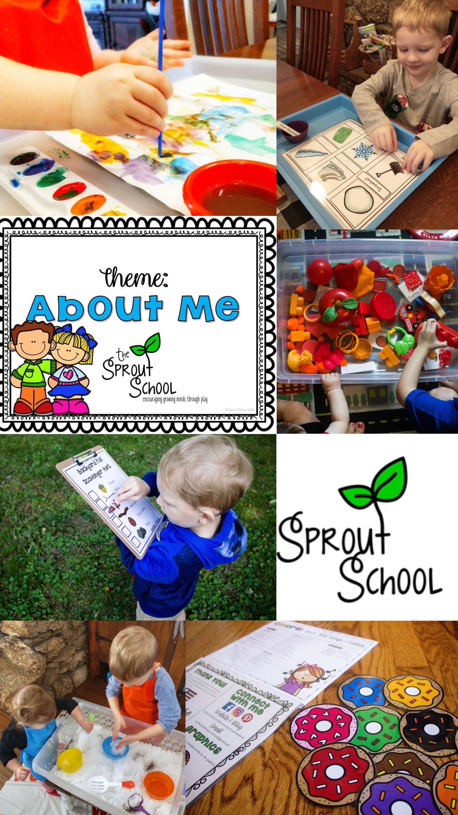 Educational activity photos showing children doing crafts and learning activities at school.