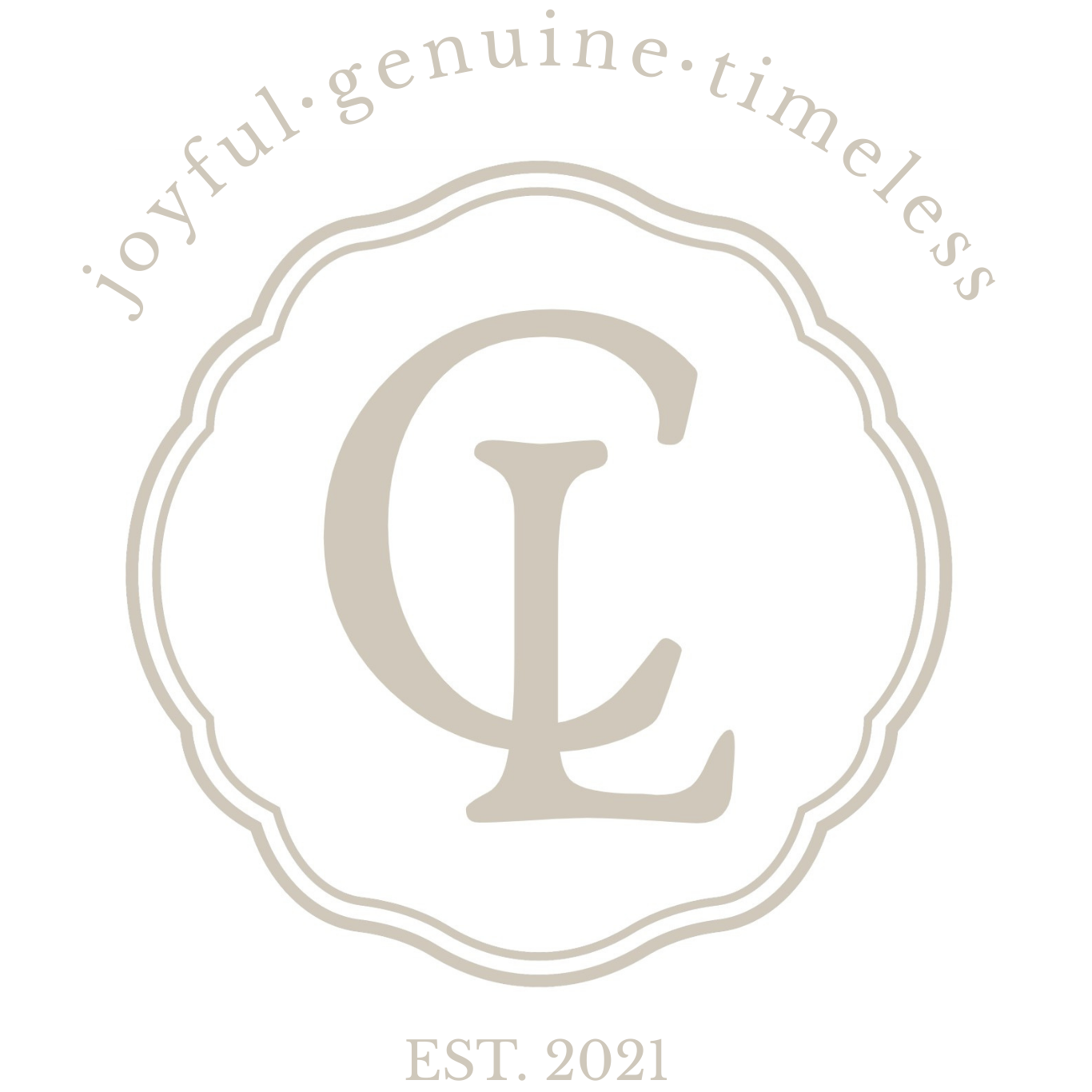 Circular logo designs in light beige color featuring text and decorative elements arranged in a repeating pattern. Cassie Lacina Photography