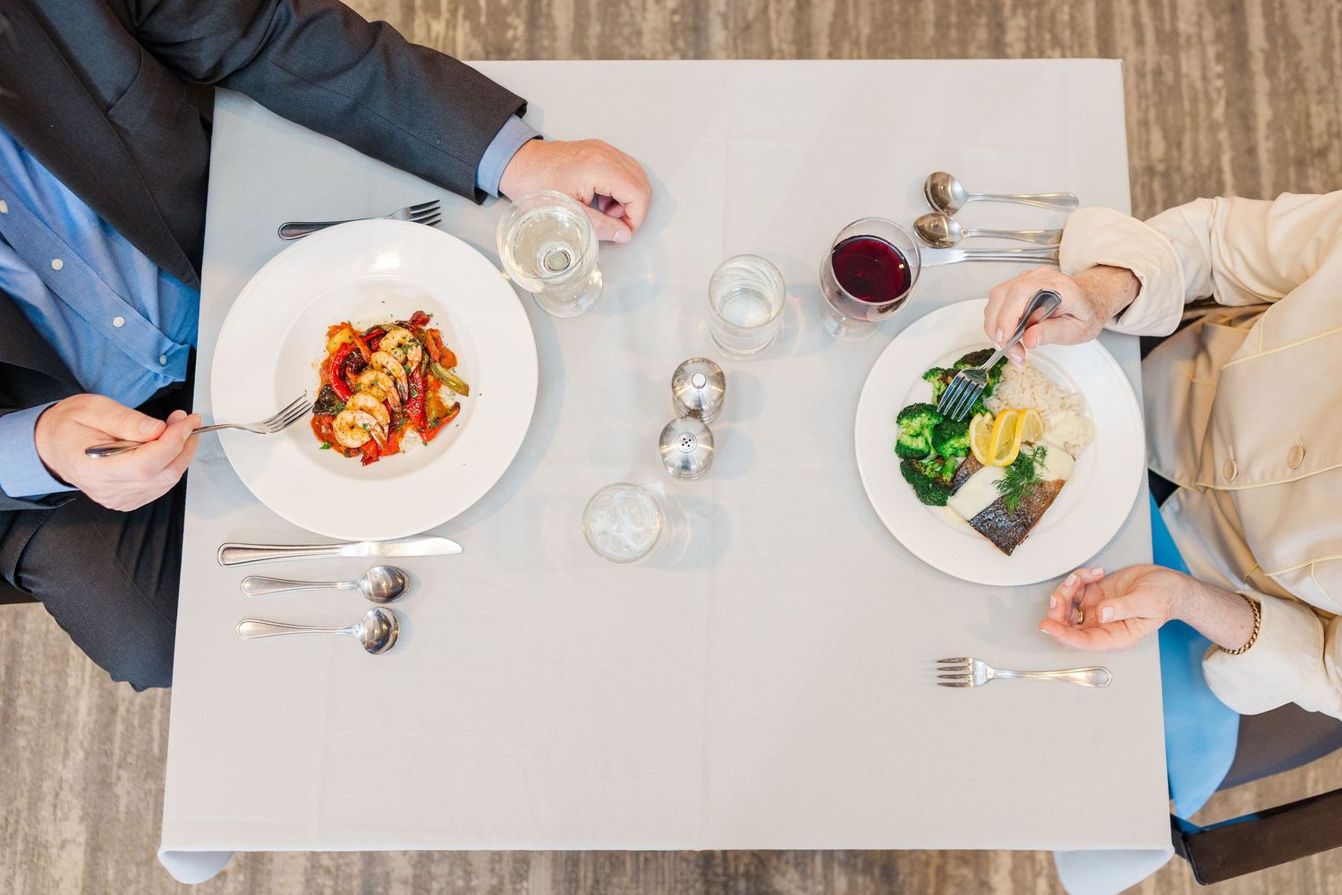 Beacon Hill senior living branding photo in Lombard, Illinois featuring overhead view of restaurant meal