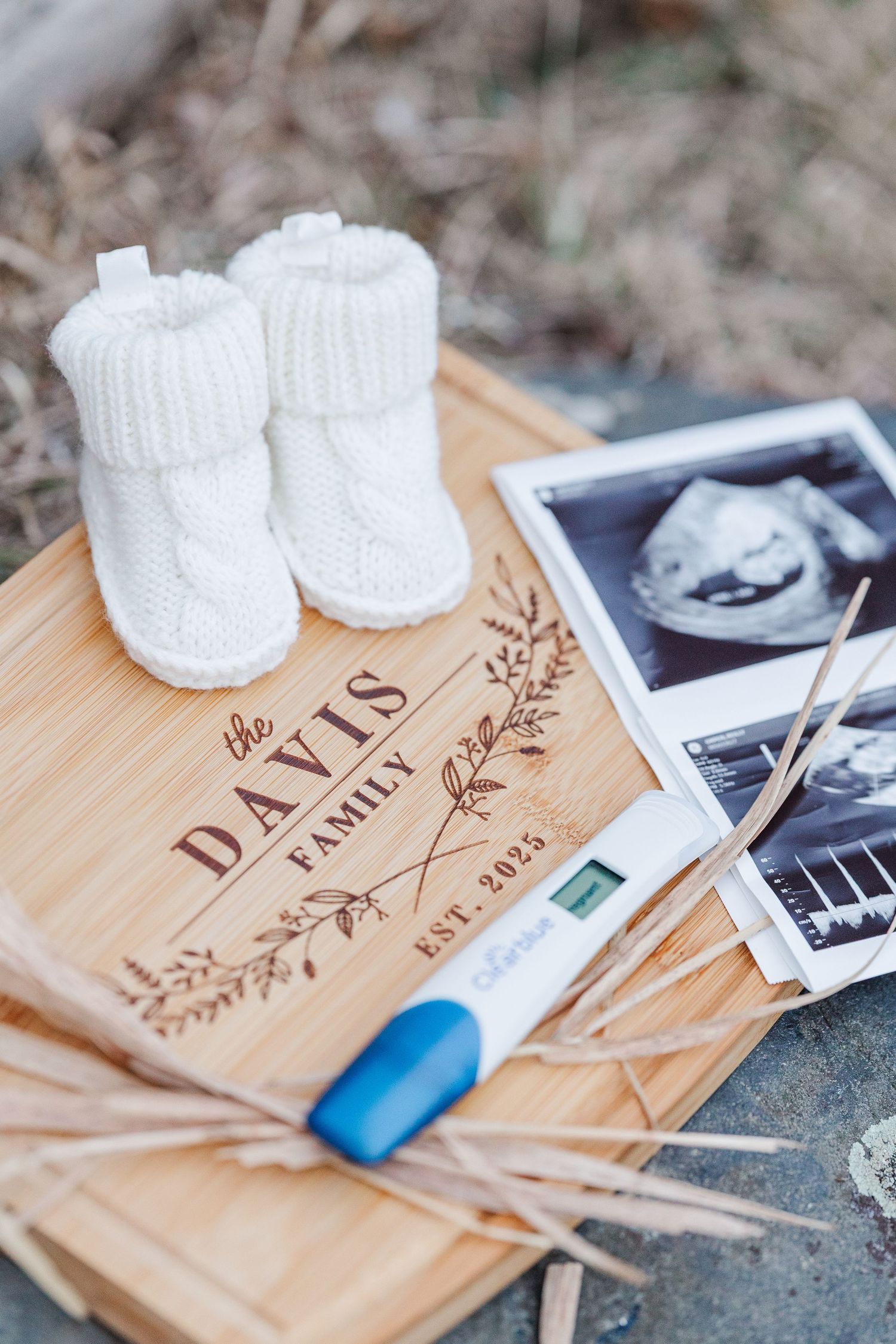 Baby booties and ultrasound photos during pregnancy announcement session in Cary, Illinois
