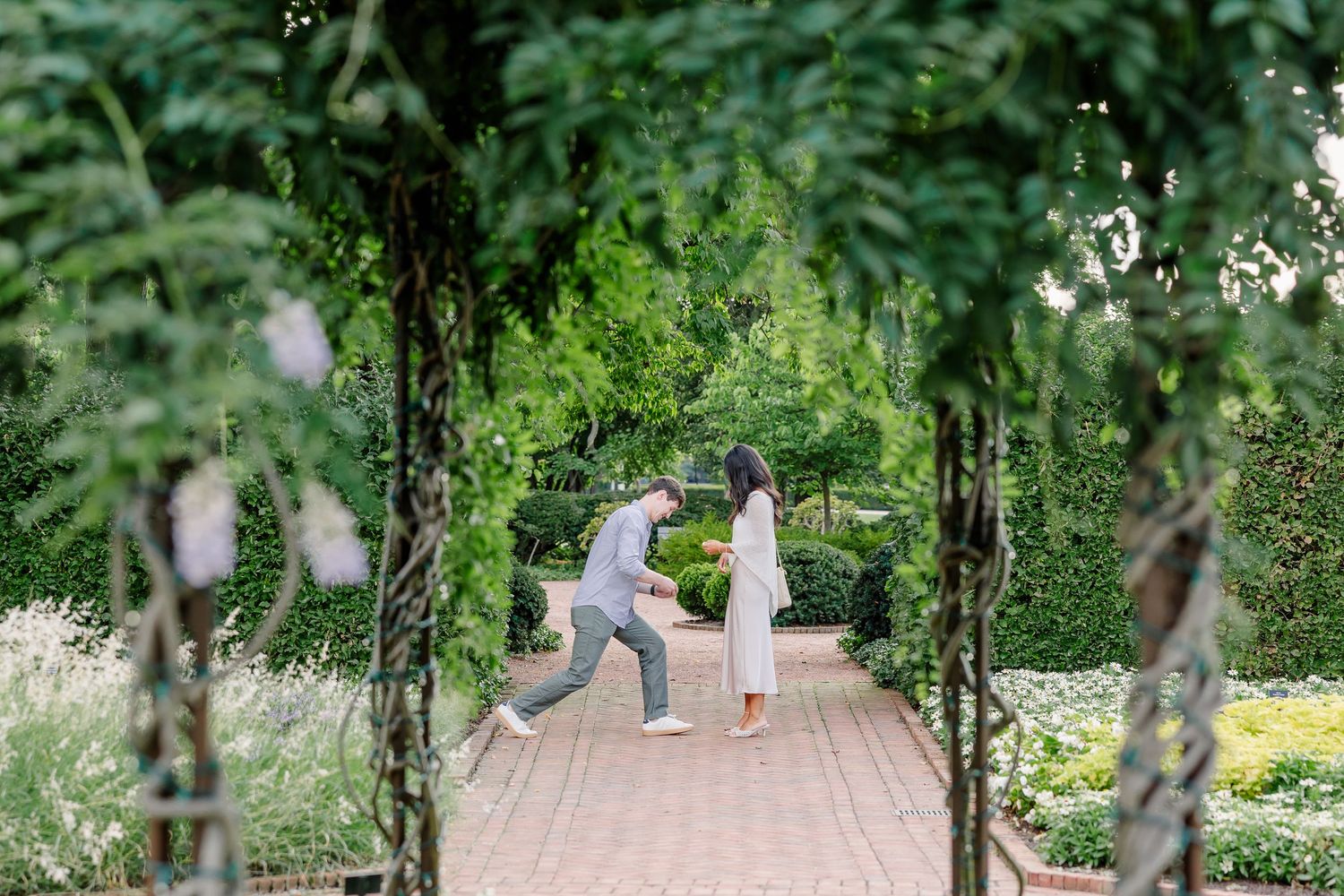 Jack gets down on one knee as a surprised Alysia walks into the garden.