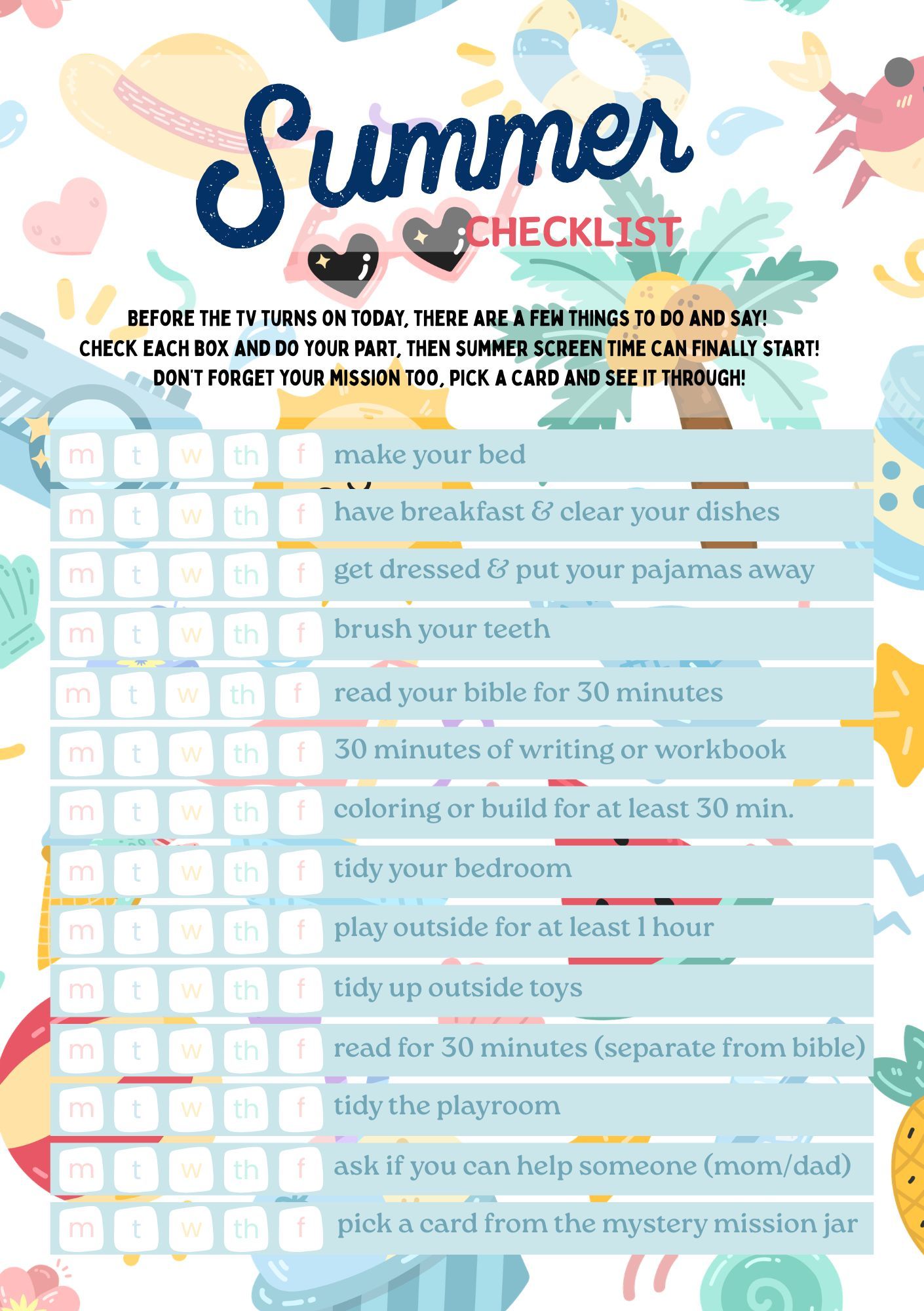 Printable summer checklist for kids with daily routine tasks before screen time