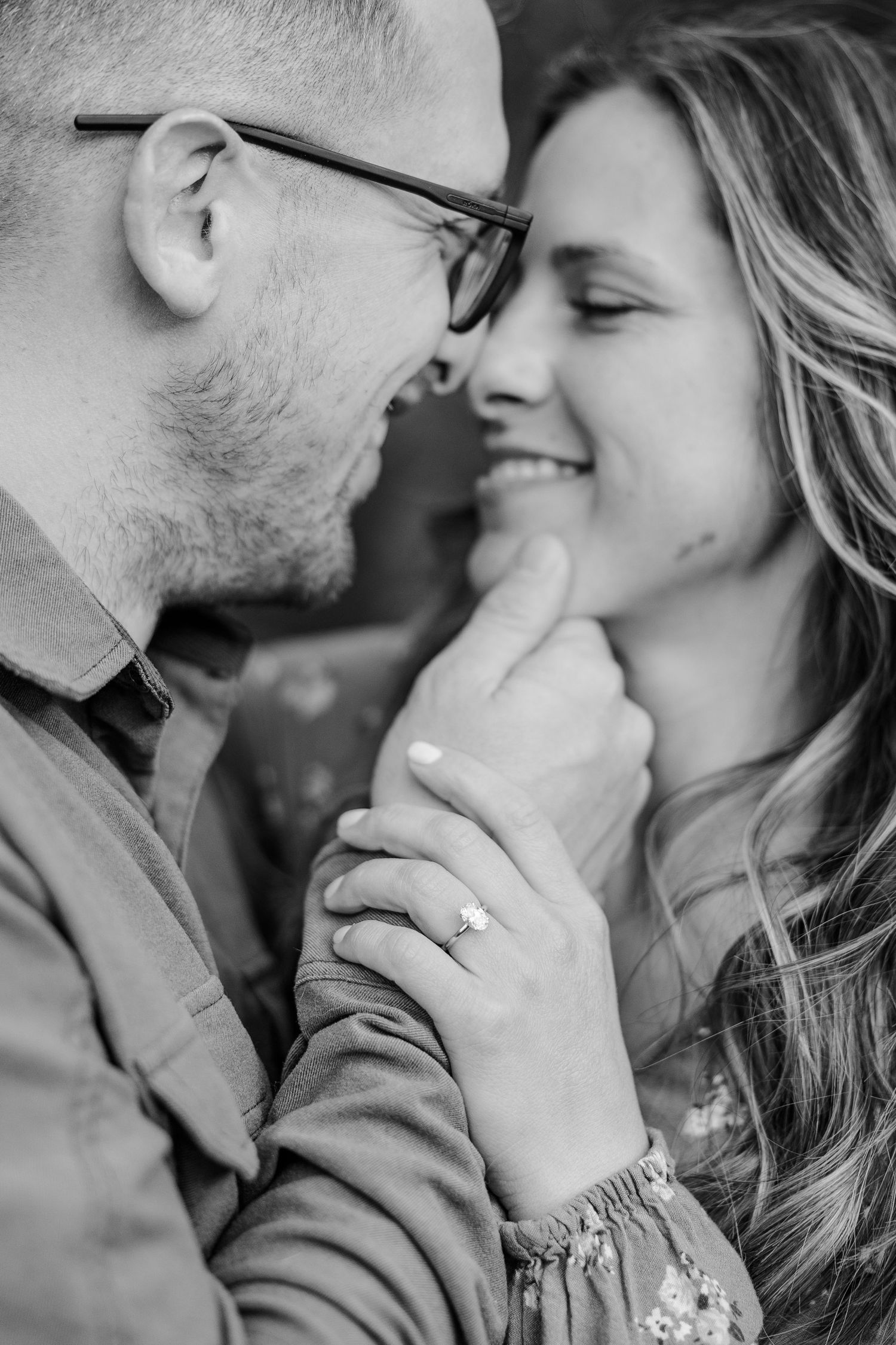 Black and white engagement ring portrait during a Cantigny Park session