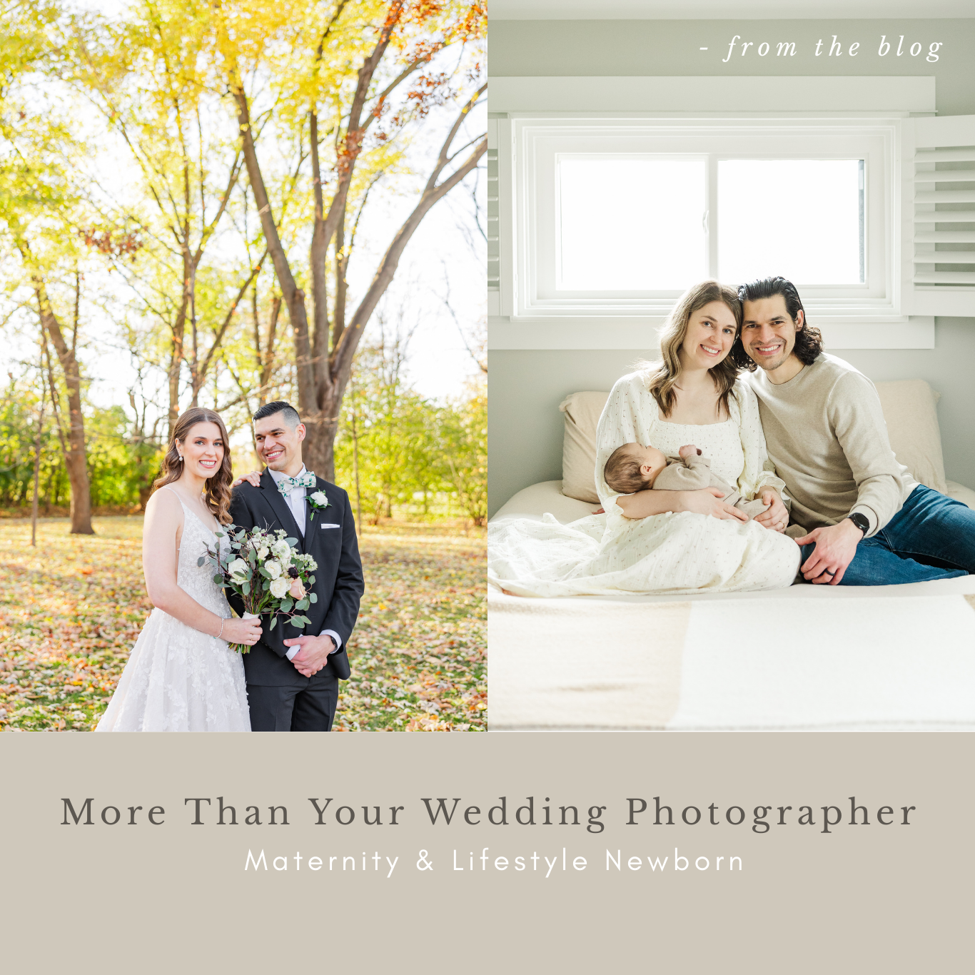 Wedding photography website header showing couples in romantic outdoor and indoor settings during engagement and wedding shoots.