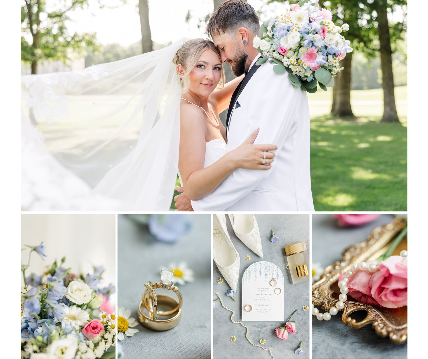 Romantic wedding collage featuring bride and groom embracing outdoors, floral bouquets, gold rings, and elegant stationery details.