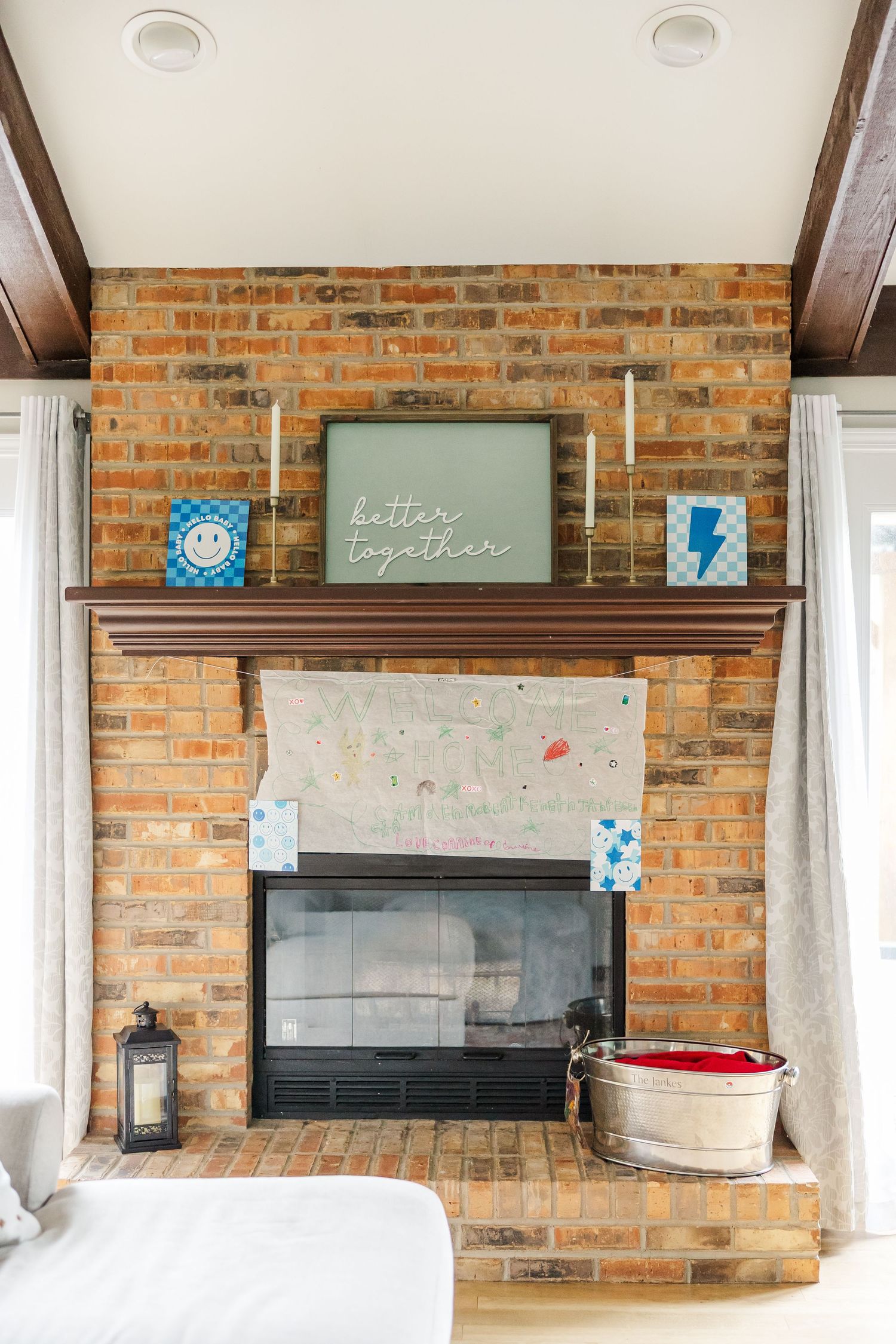 Cozy nursery fireplace details during in-home lifestyle newborn session in Crystal Lake, Illinois