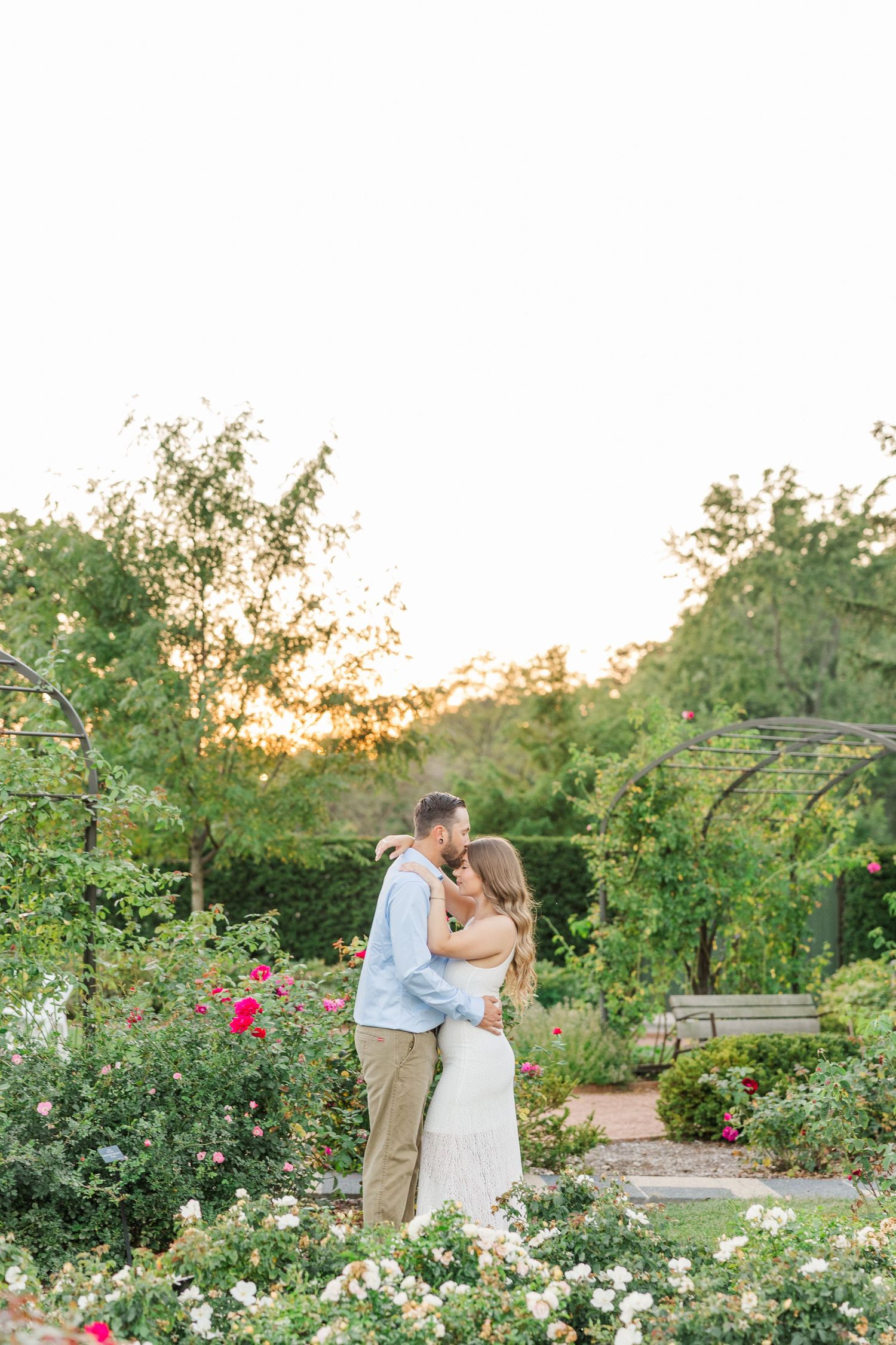 Couple embracing in rose garden during engagement photos at Cantigny Park in Wheaton, Illinois