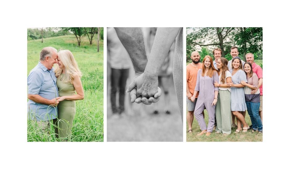 A three-panel collage featuring outdoor family photos and a close-up of linked hands with rings.