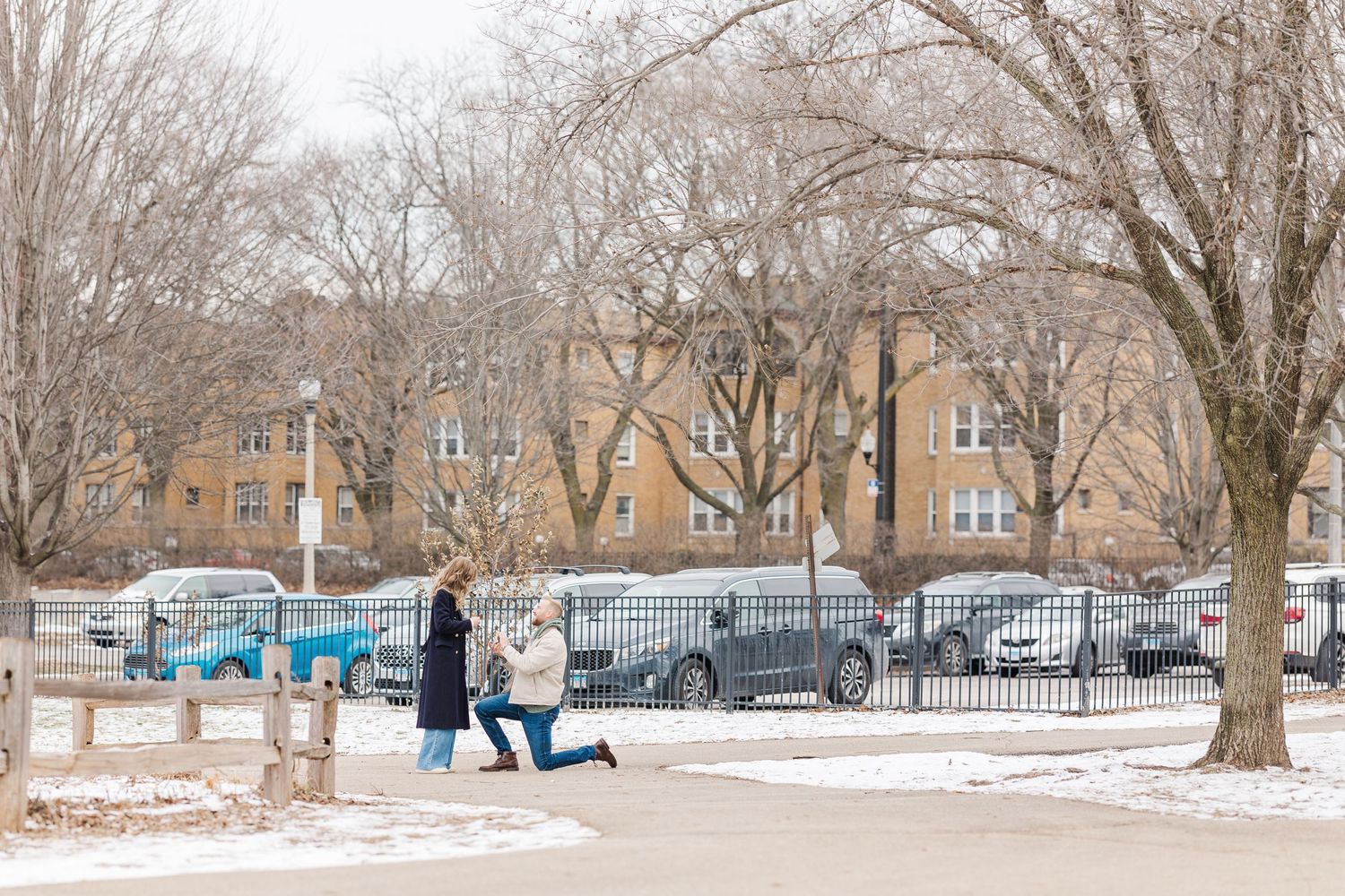Man proposes to woman in snow-dusted park with bare trees and parked cars visible behind an iron fence in winter. Winnemac Park, Chicago