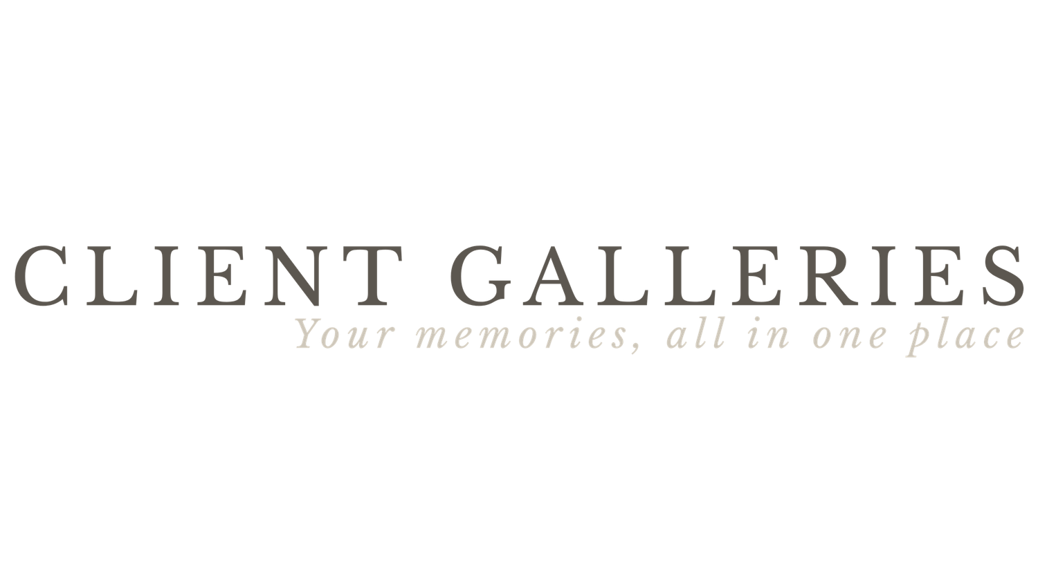 A minimalist logo design for Client Galleries with the tagline 'your memories all in one place' in gray text.