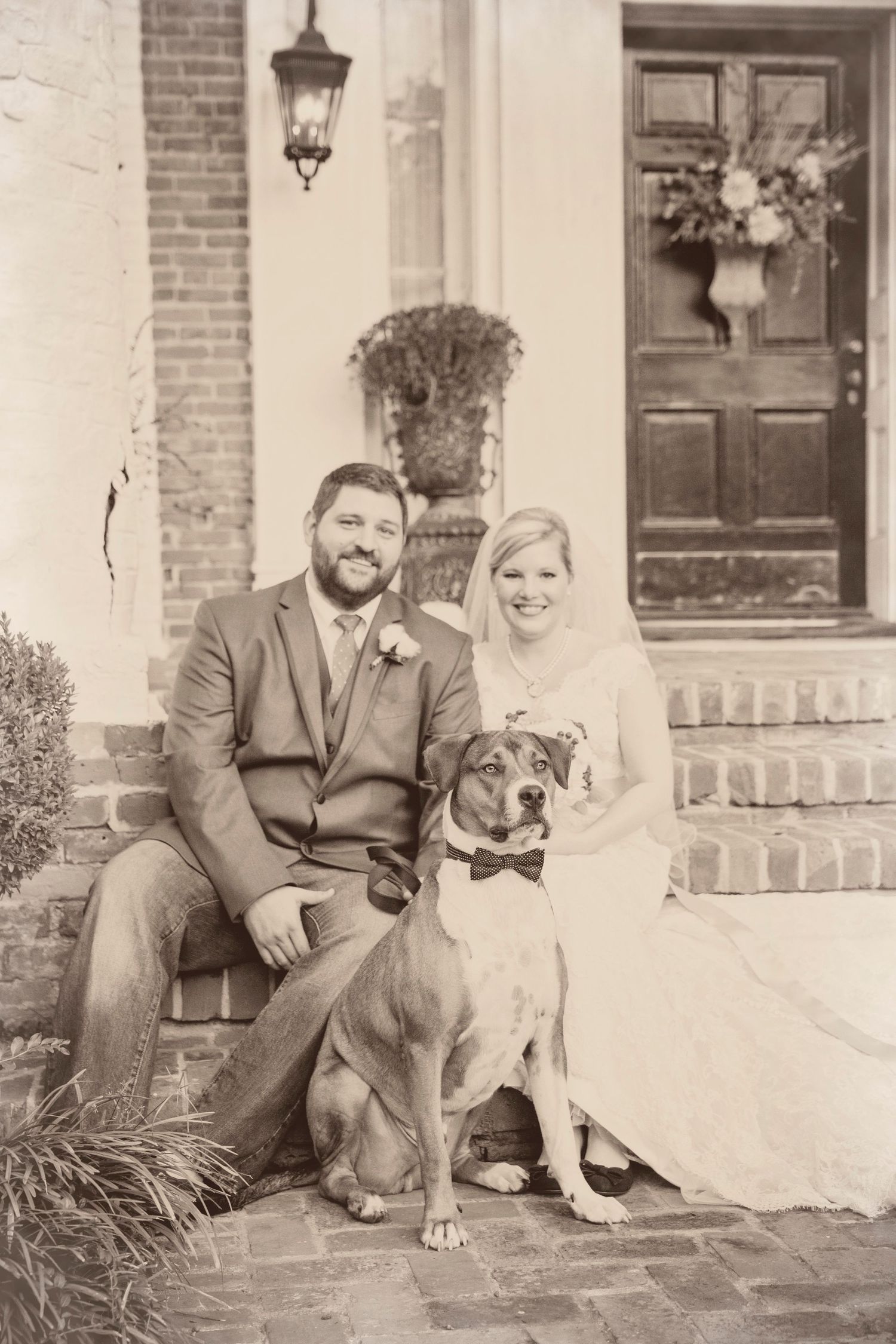 Black and white wedding portrait on brick steps featuring a couple with their dog.