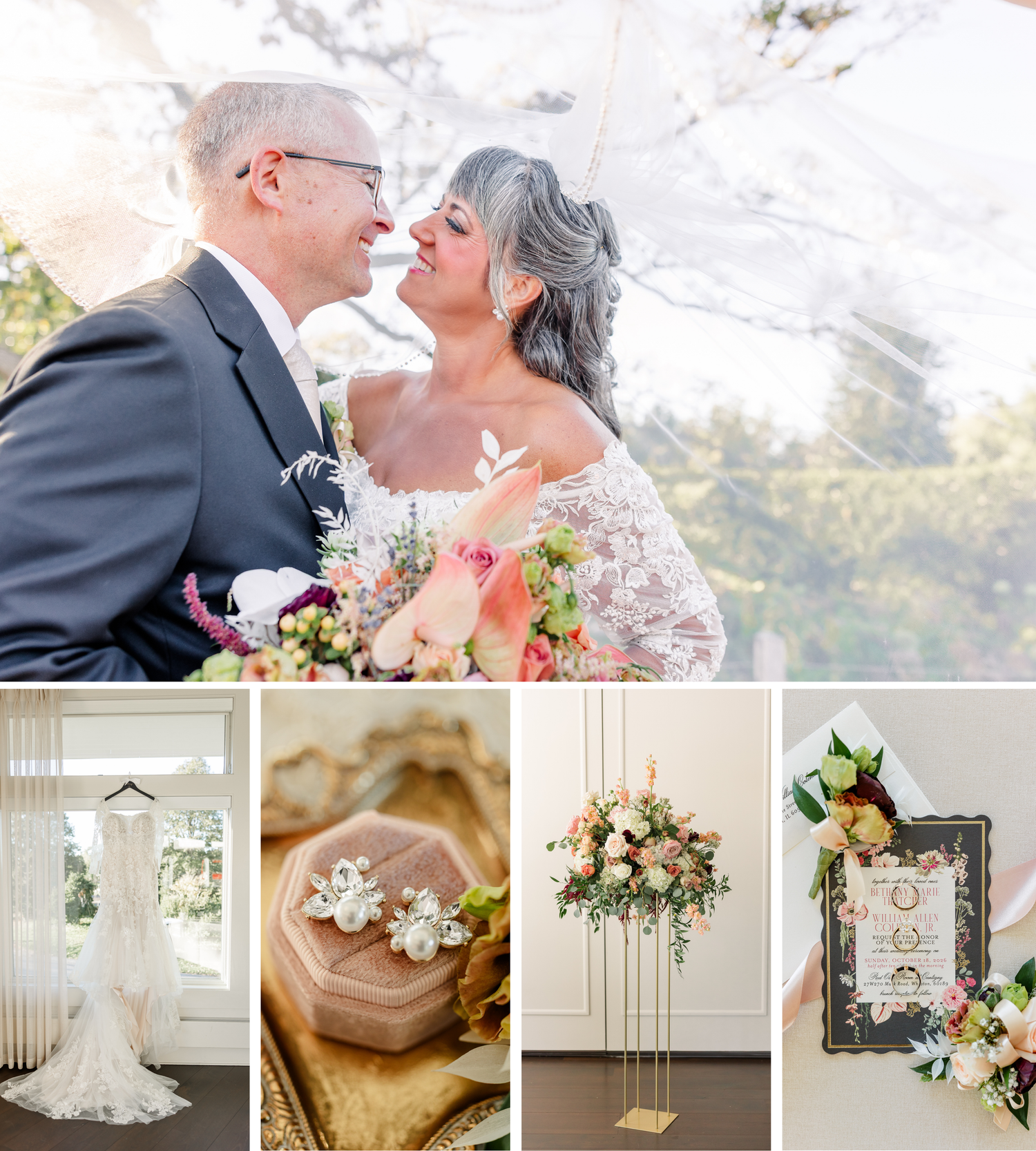 Wedding collage featuring a smiling couple embracing with a pastel bouquet, a lace gown by a window, bridal jewelry, floral stands and a fra