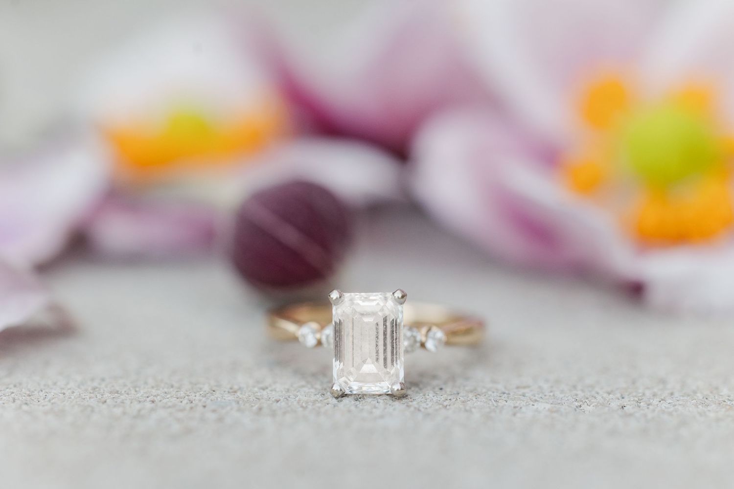 Close-up of engagement ring during engagement photos at Cantigny Park in Wheaton, Illinois