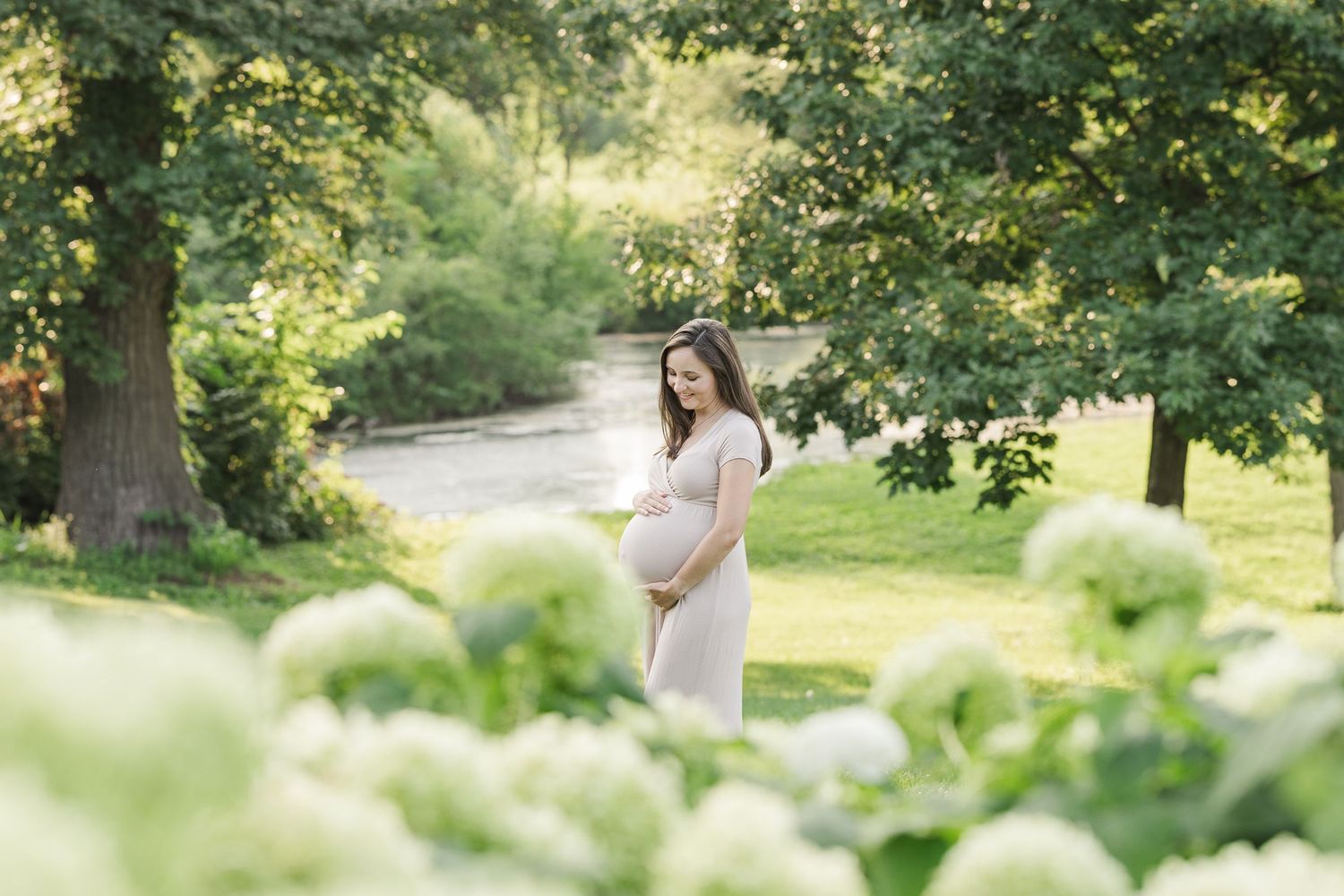 A photographer with professional camera taking pictures in a sunlit park surrounded by lush green trees and foliage.