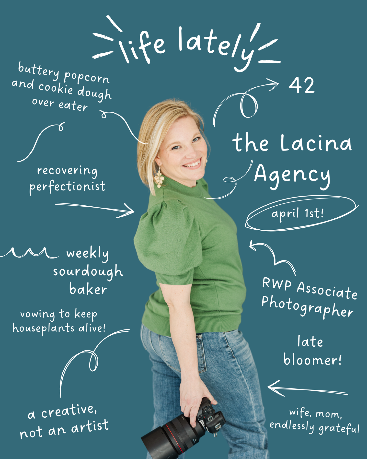 A stylized infographic illustration of a creative portrait with handwritten text bubbles noting life details and career goals.