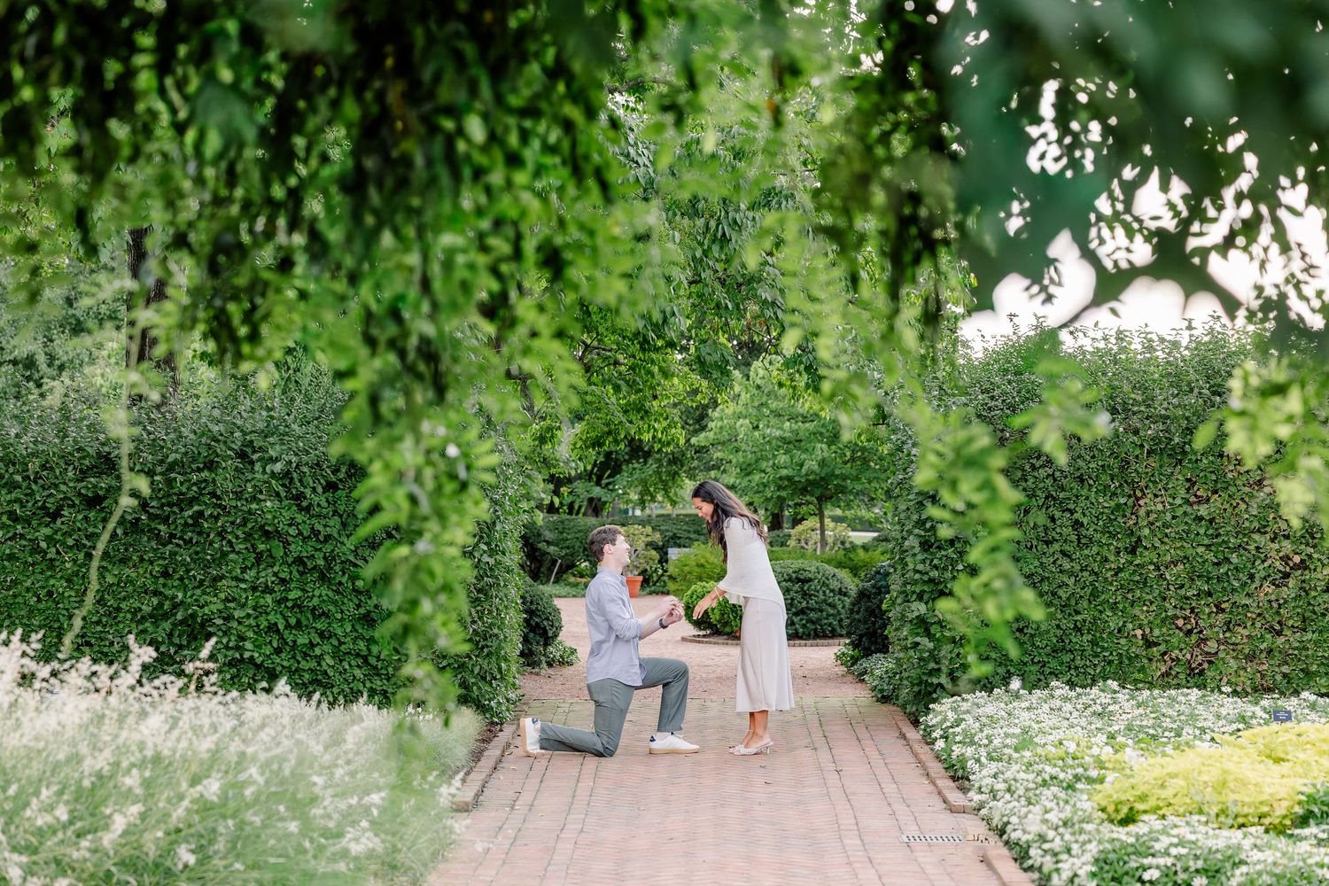 Jack proposes to Alysia along the brick pathway surrounded by lush gardens.