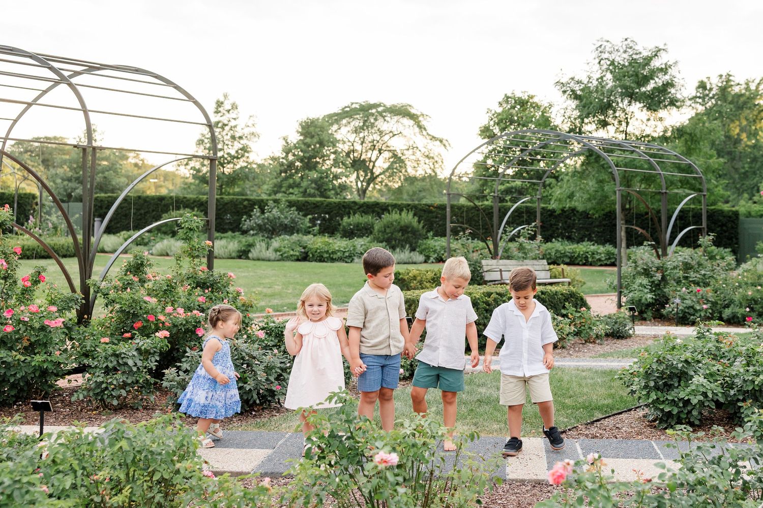 Five children walk hand-in-hand through a lush garden with metal arched trellises and blooming roses.