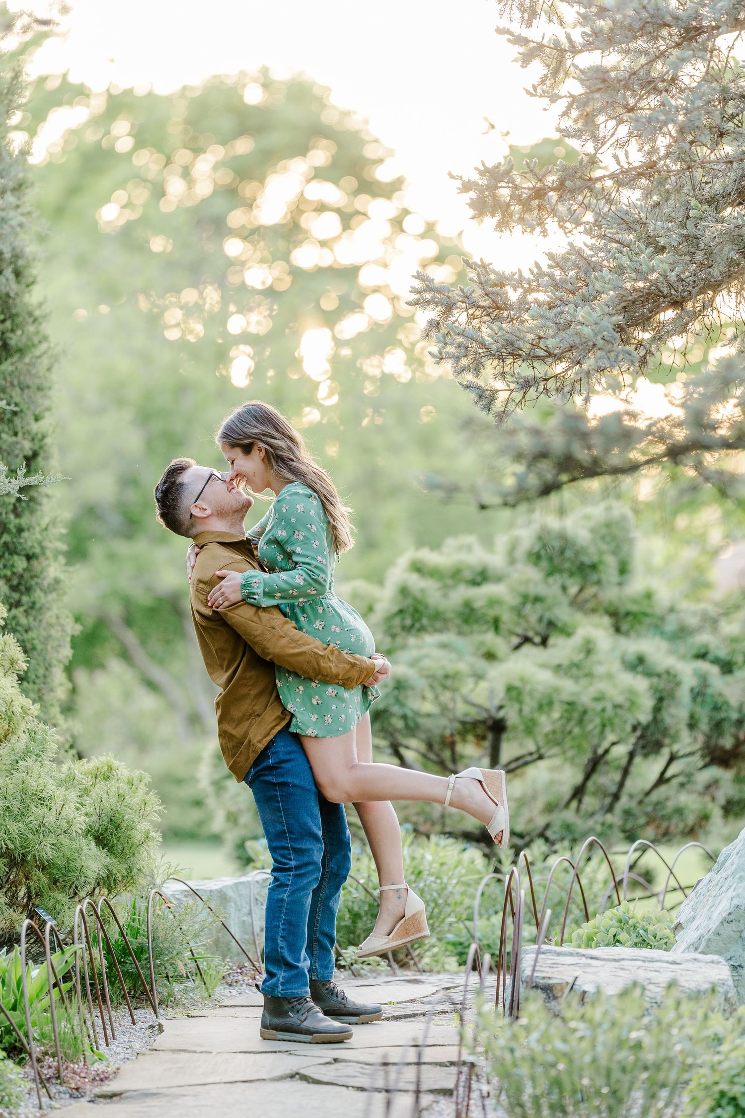 Romantic engagement portrait with golden light at Cantigny Park