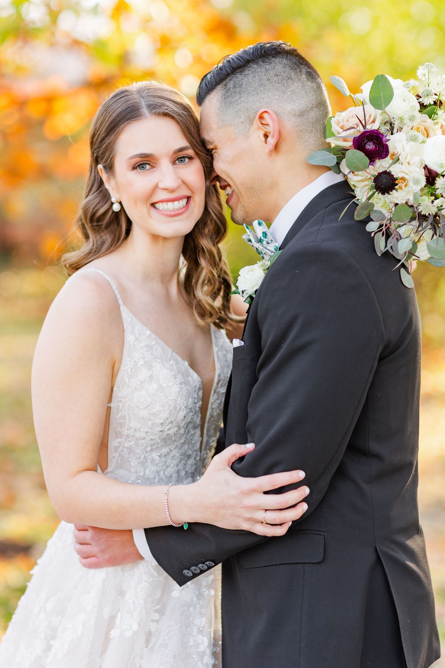 Bride and groom portrait during fall wedding at Hyatt Lodge Oak Brook IL photographed by Rachael Watson Photography