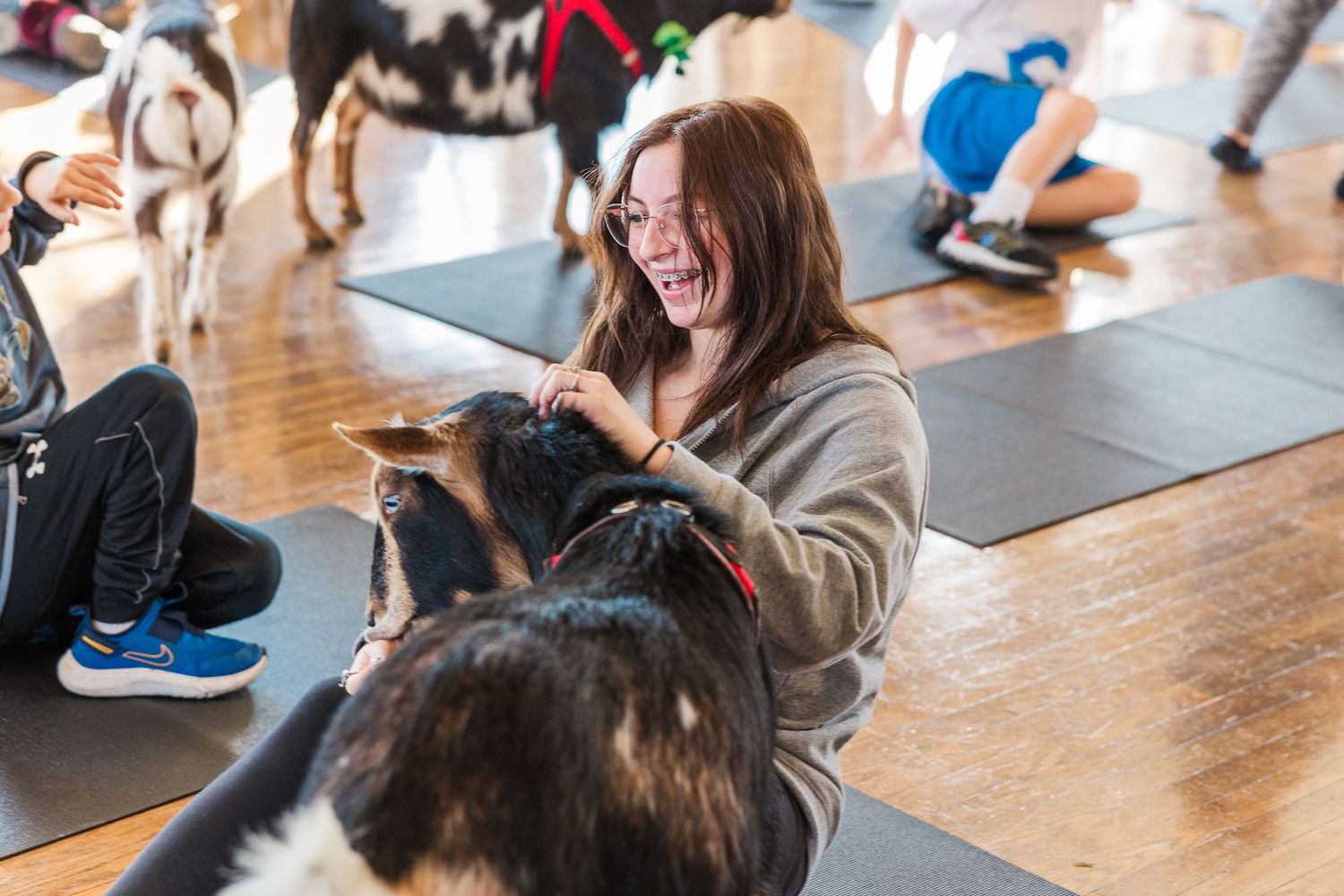 Participants enjoy interacting with goats during an indoor yoga session on exercise mats.