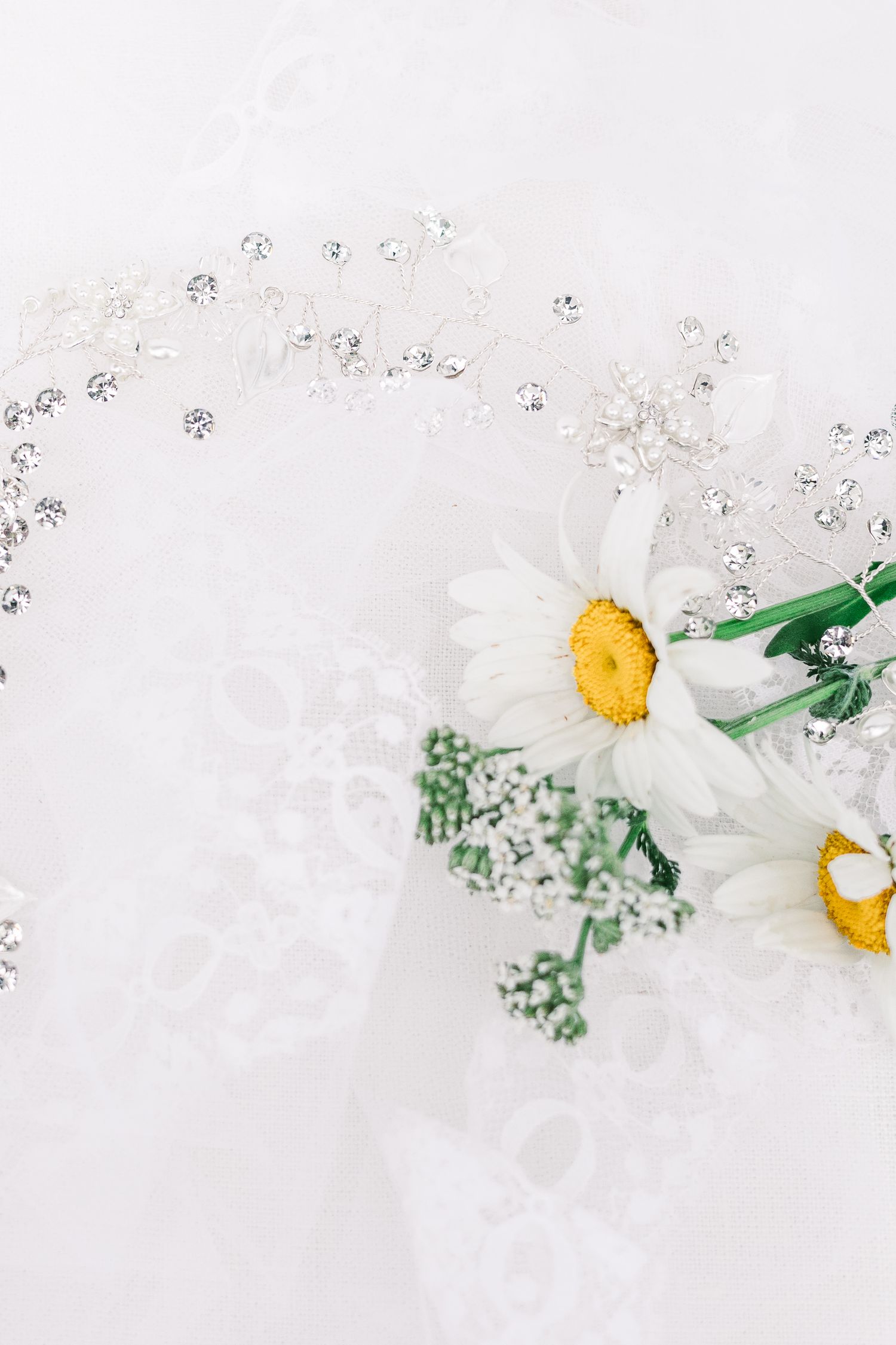 White daisy flowers with crystals and greenery on a light background.
