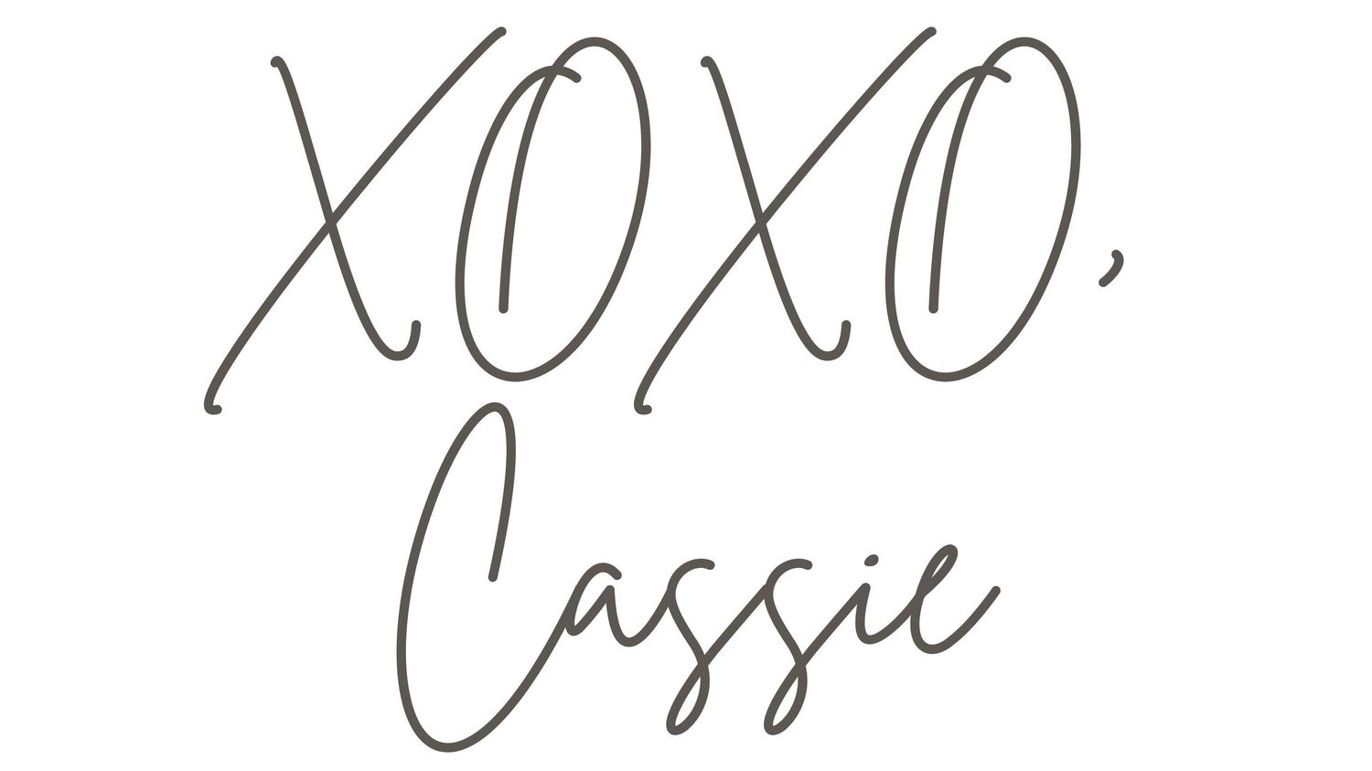 Handwritten cursive signature reading XOXO Cassie in elegant dark gray script on white background.