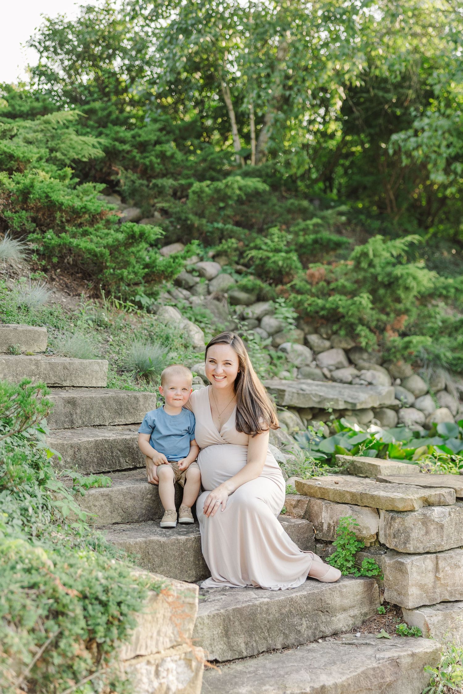 Three identical photos show a garden setting with stone steps amid lush greenery and natural landscaping.