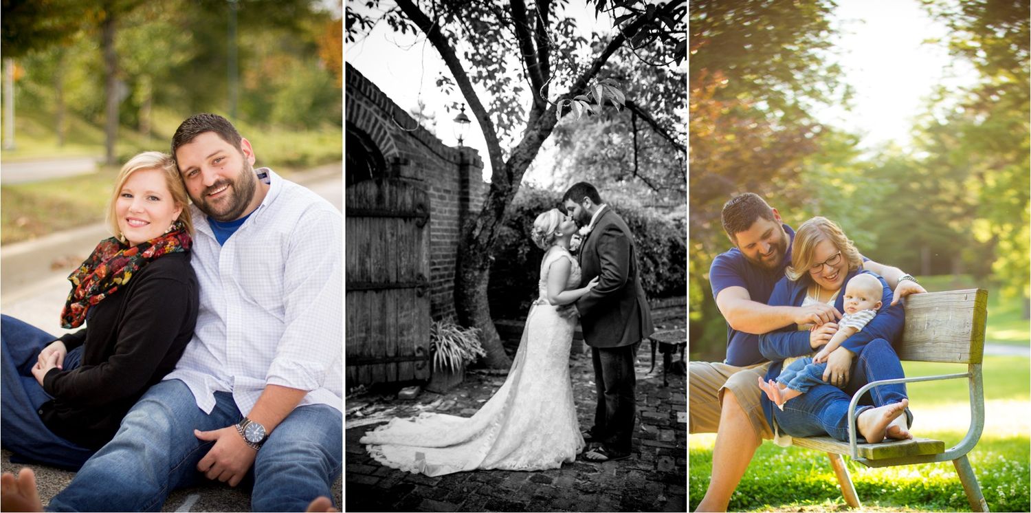 Photo collection showing engagement and wedding moments in outdoor settings with natural lighting.
