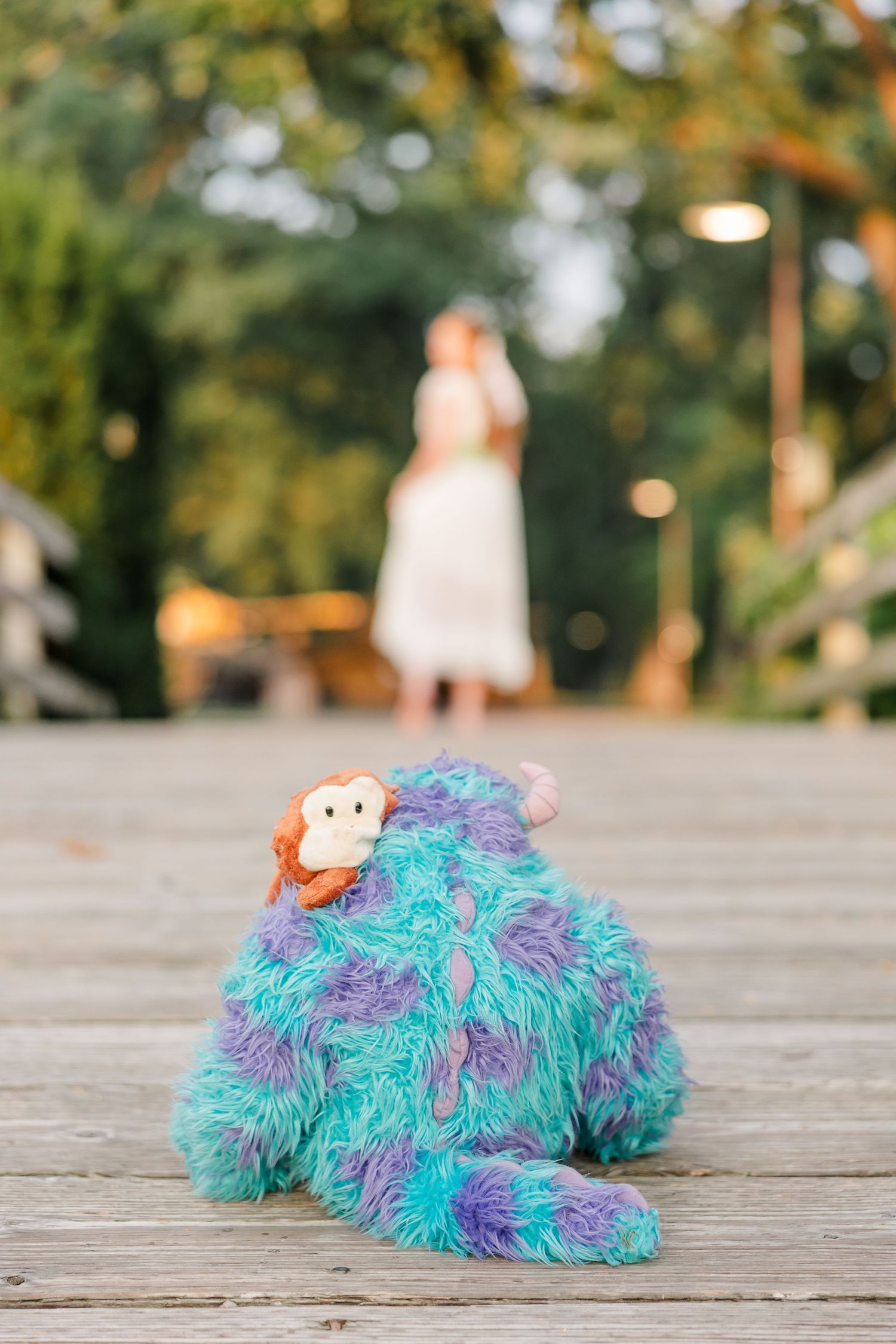 Childhood stuffed animals sit in the foreground as Samantha walks away during her meaningful Cantigny Park senior session.