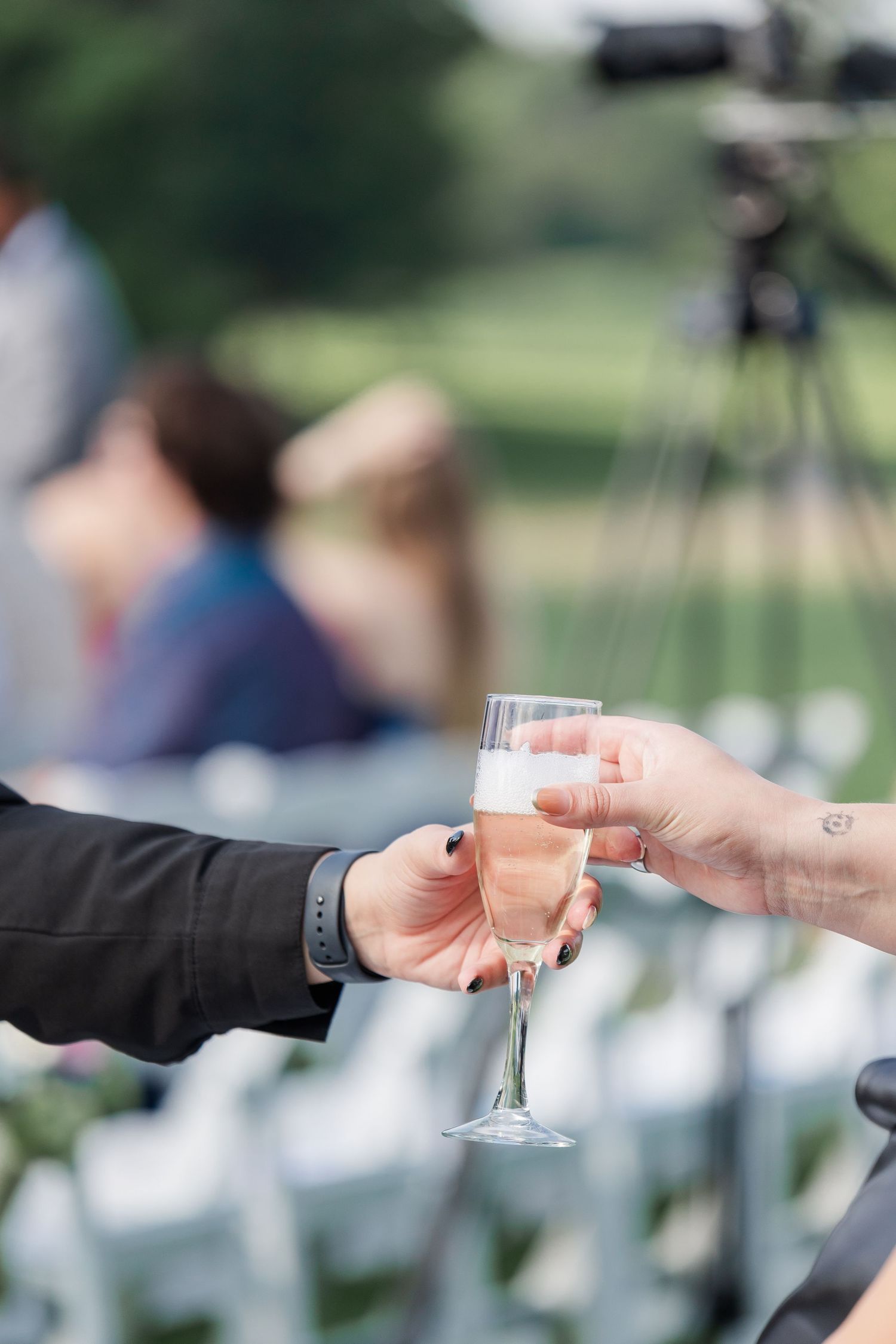 Two hands clinking champagne flutes at an outdoor wedding ceremony with guests seated in white chairs.