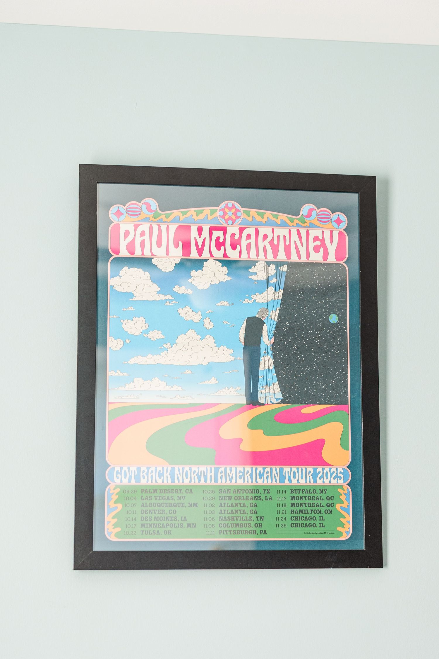 Paul McCartney concert poster above changing table in twin boys’ nursery during a Crystal Lake maternity session.