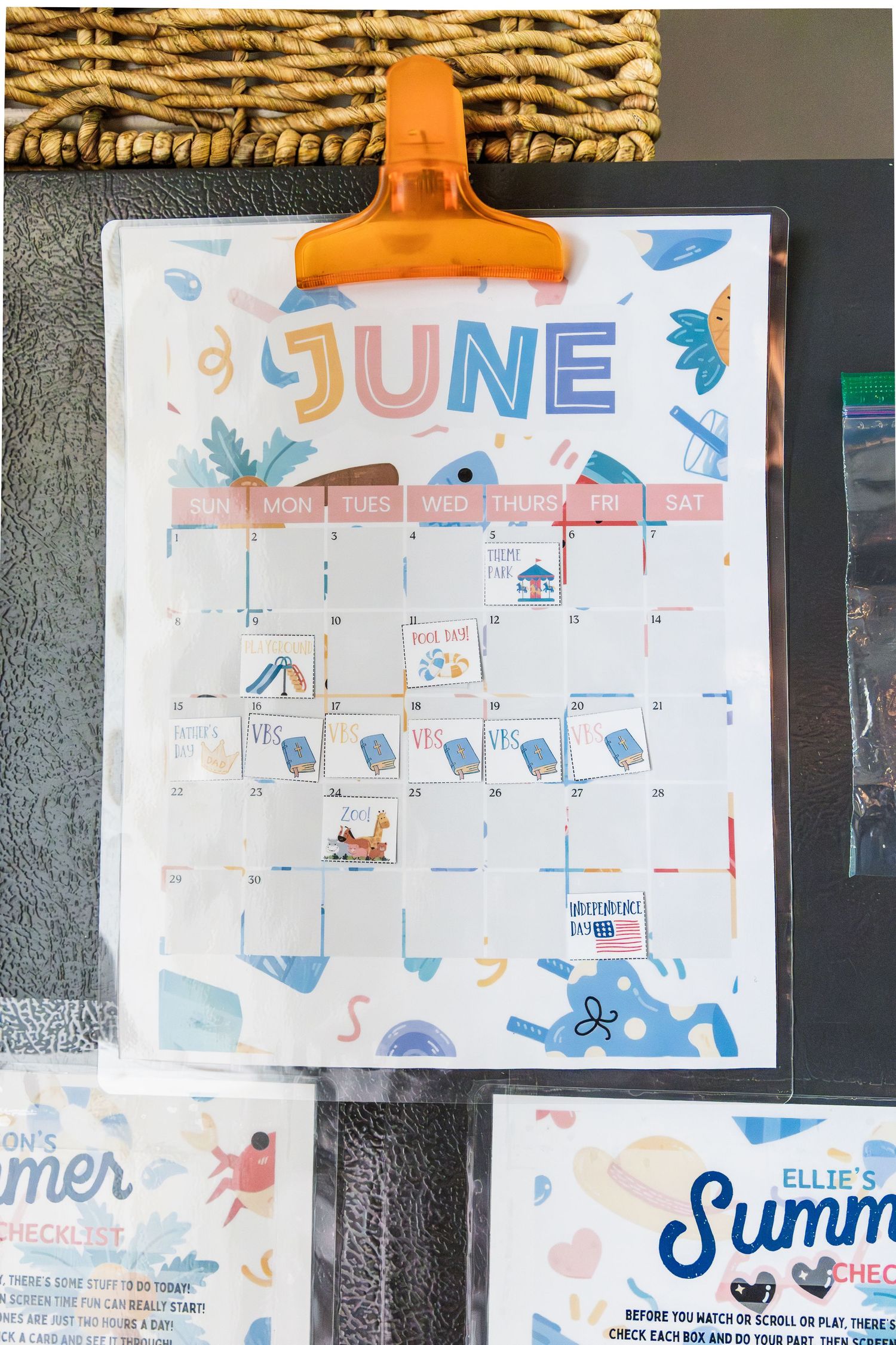 June summer calendar with moveable activity tiles for a flexible kids summer routine