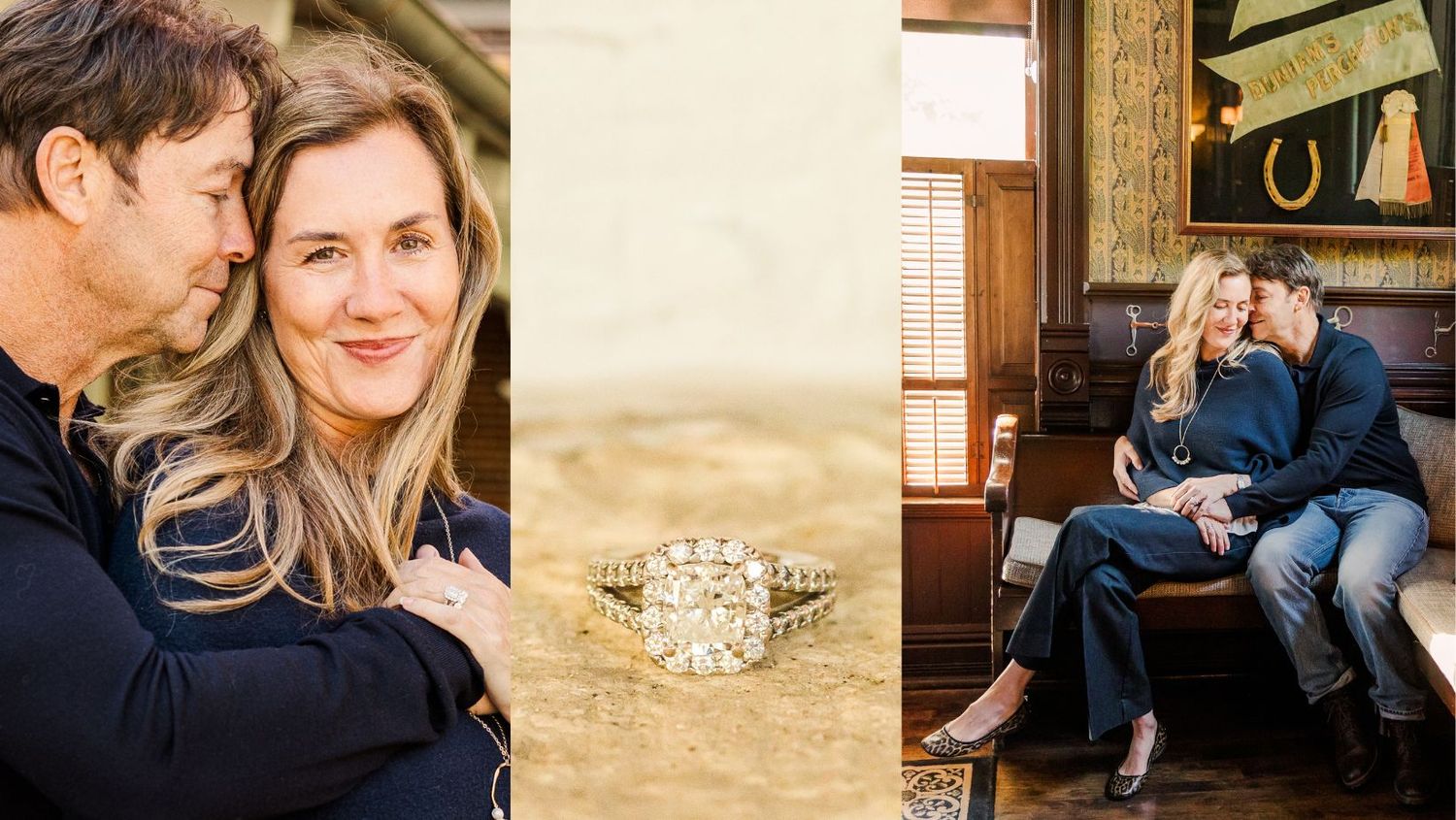 Engagement photo collage featuring romantic portraits and close-up of diamond ring.