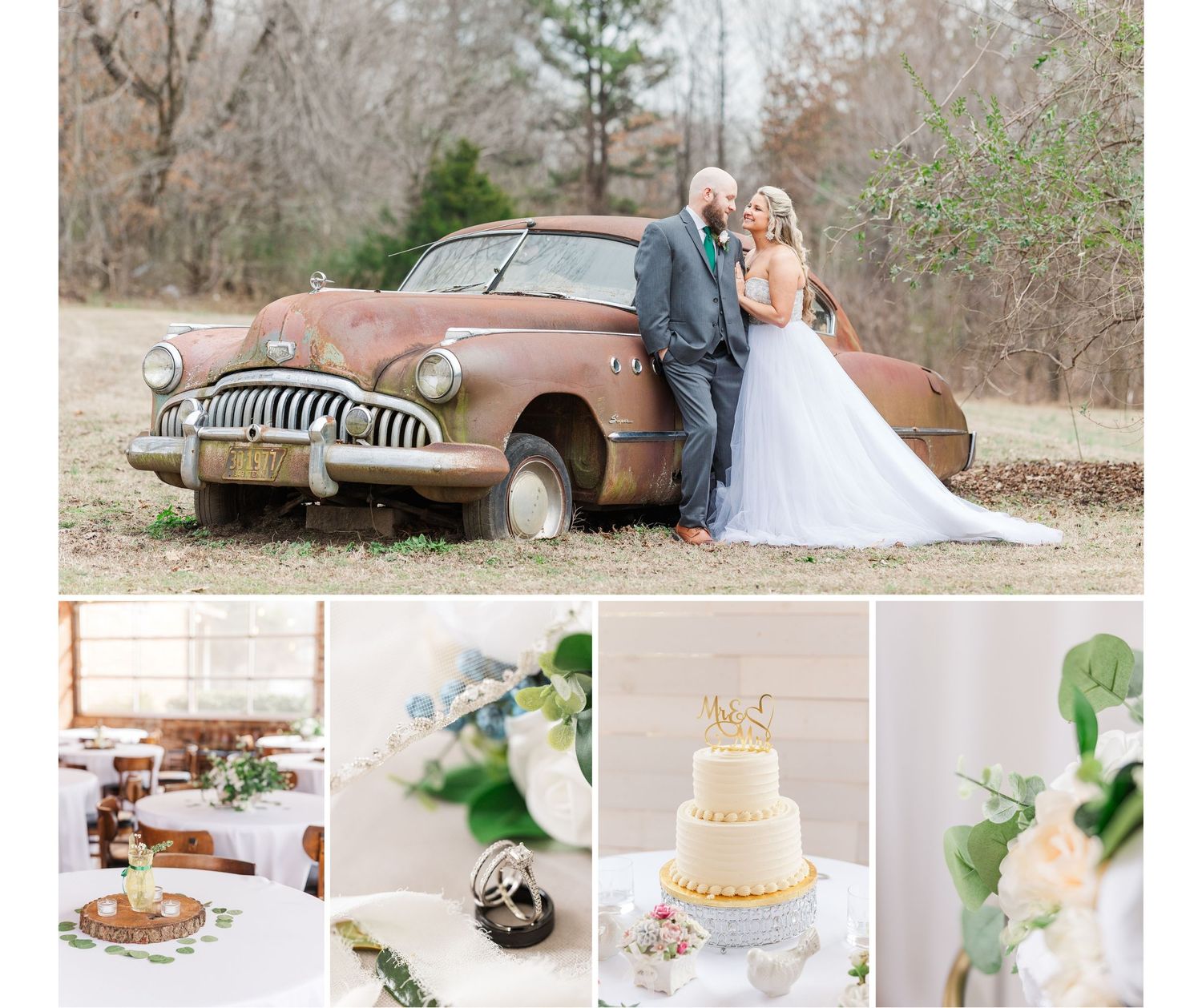 Wedding photo collage with vintage car, desserts and decorative details.