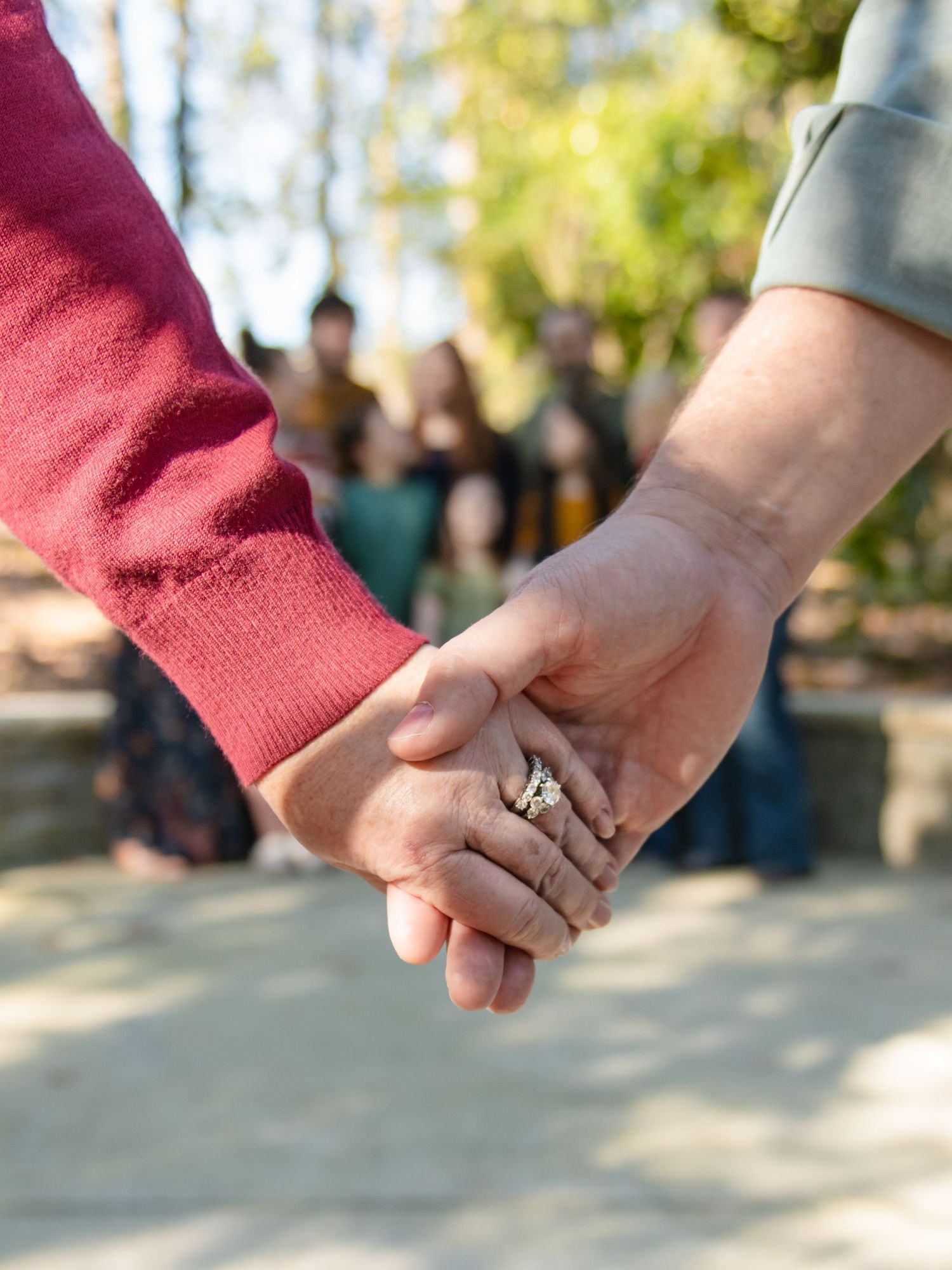 Close-up of couple holding hands with family softly blurred in background during outdoor session.