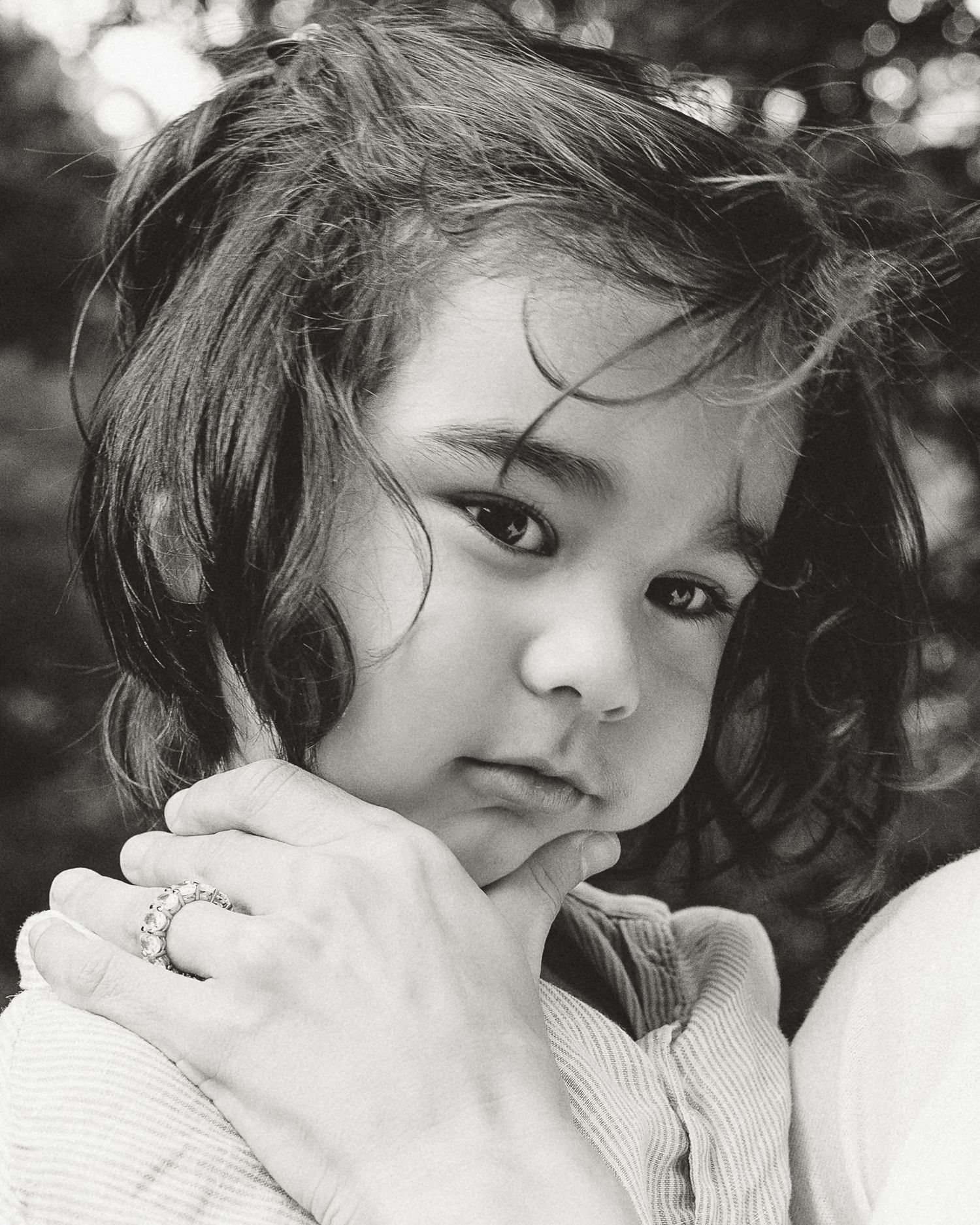 Black and white close-up portrait of a young child, Woodbridge, CT family photography session
