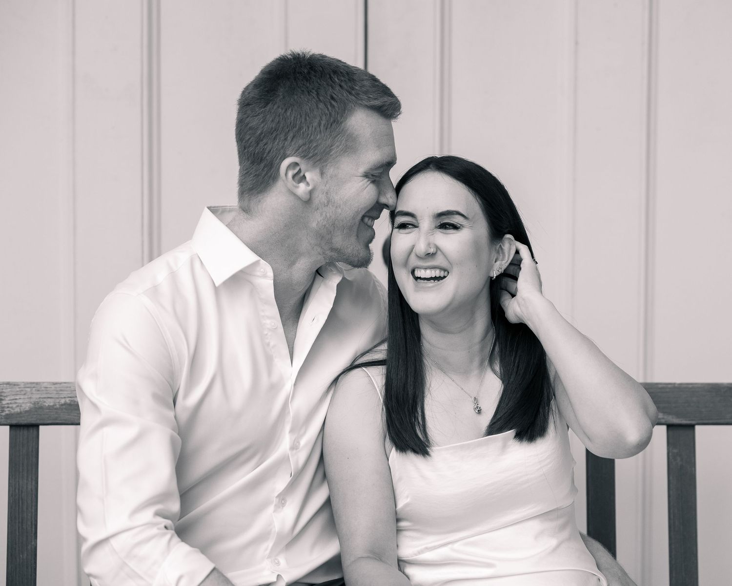 Couple laughing together at Woodbridge Town Center, CT elopement photographer