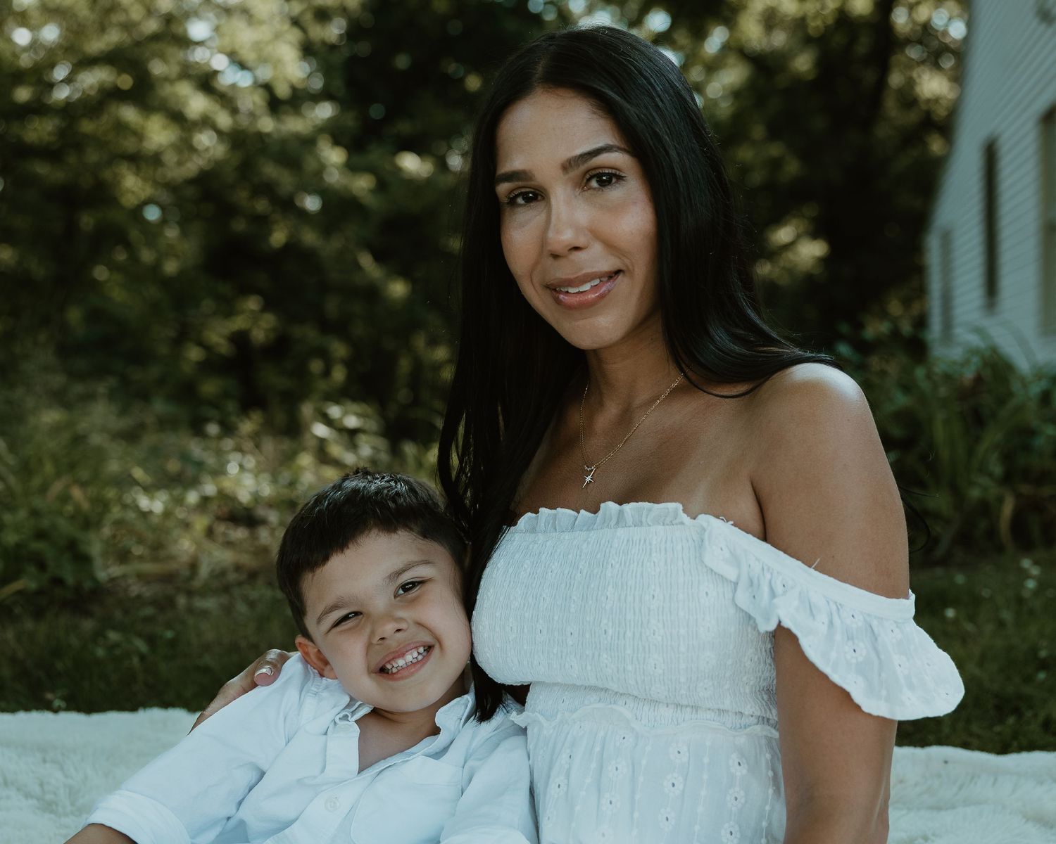 Mother and son smiling together outdoors, Connecticut family photography session